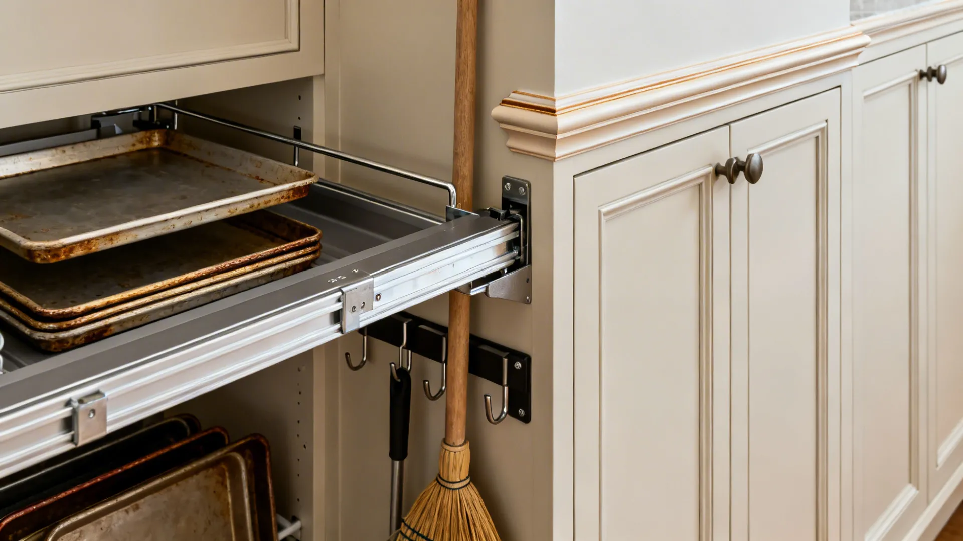 Macro of a slim pull-out utility cabinet with organized trays and clips.