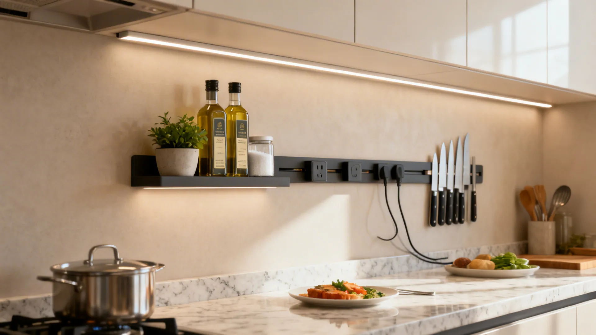 One-slab kitchen with a shallow backsplash ledge, hidden outlets, and magnetic knife strip.