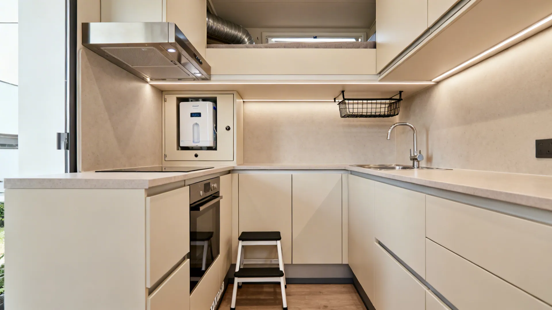 Utility-focused loft with concealed ducting, purifier cabinet, and pull-down basket above the sink.
