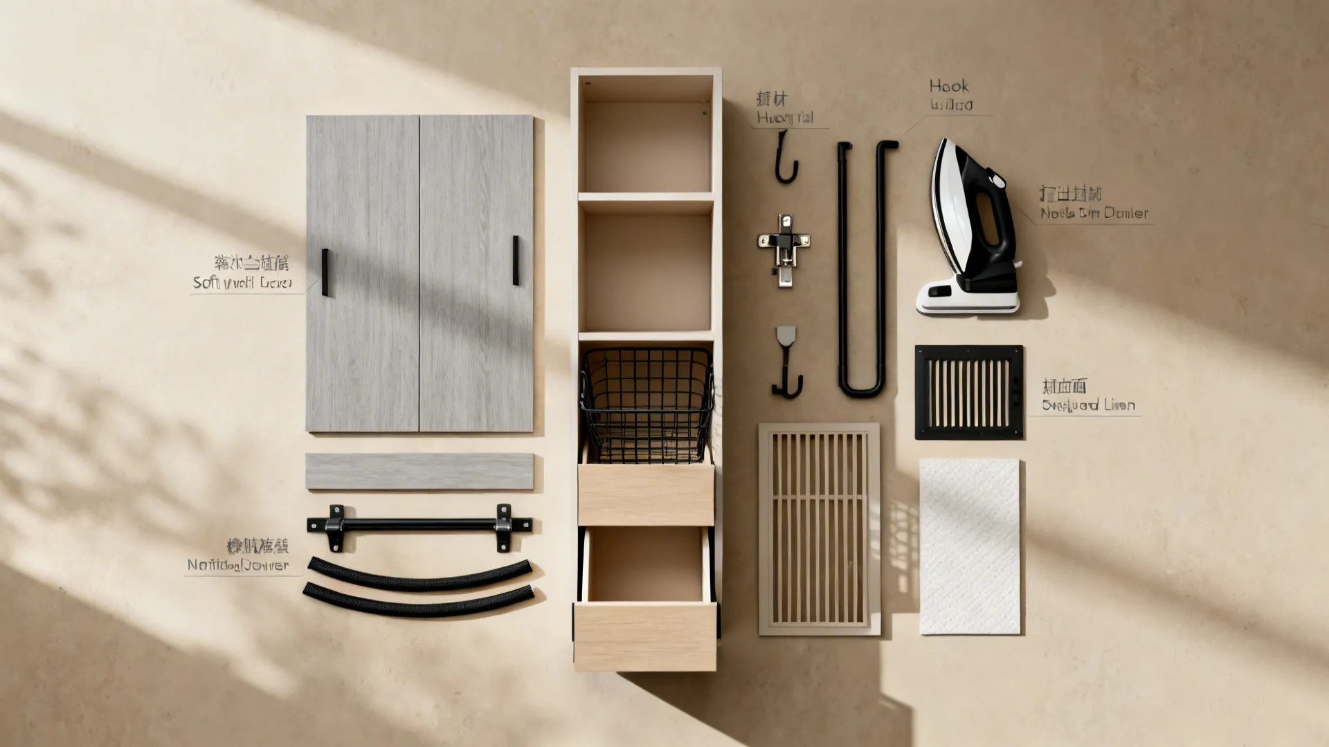 Top-down flatlay of utility tower materials and fittings in warm neutrals and black accents.
