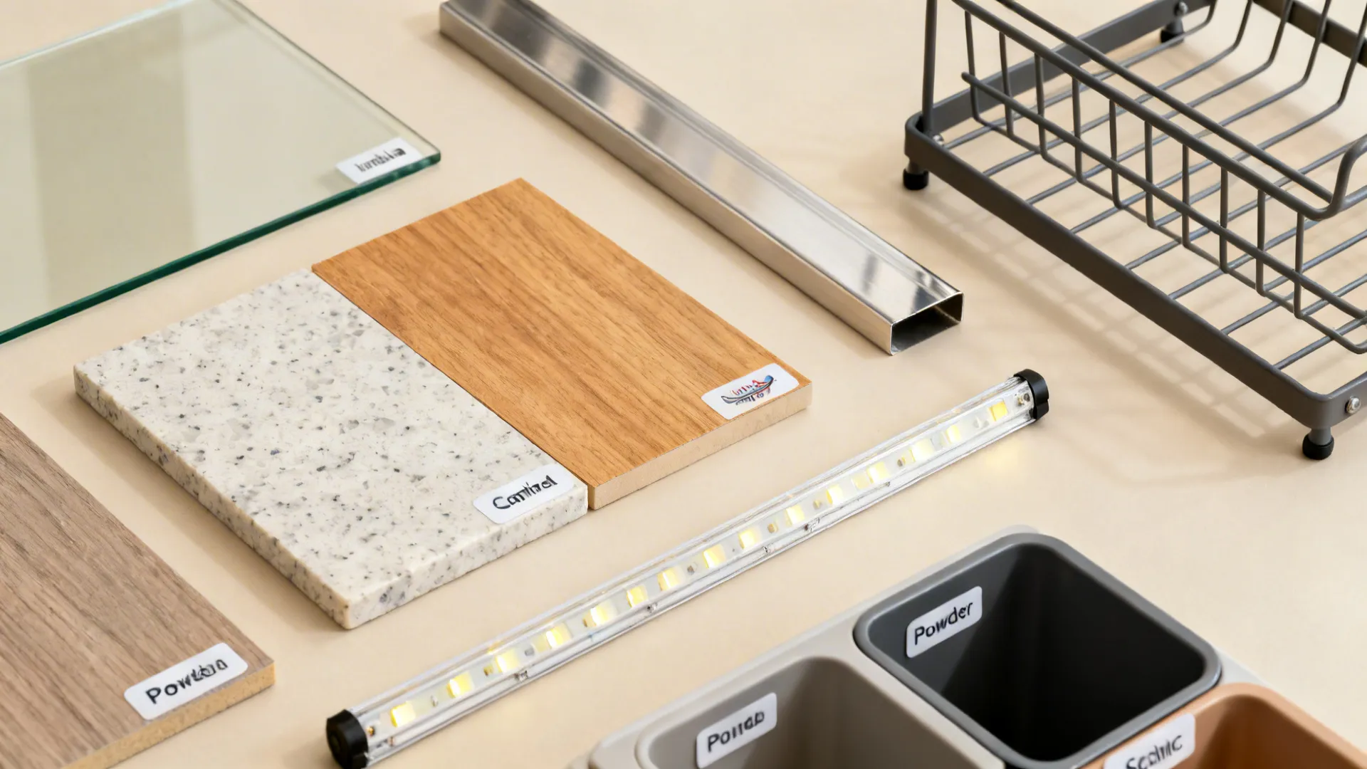 Flatlay of tempered glass, quartz, stainless strip, wood laminate, and LED samples for kitchen utilities.