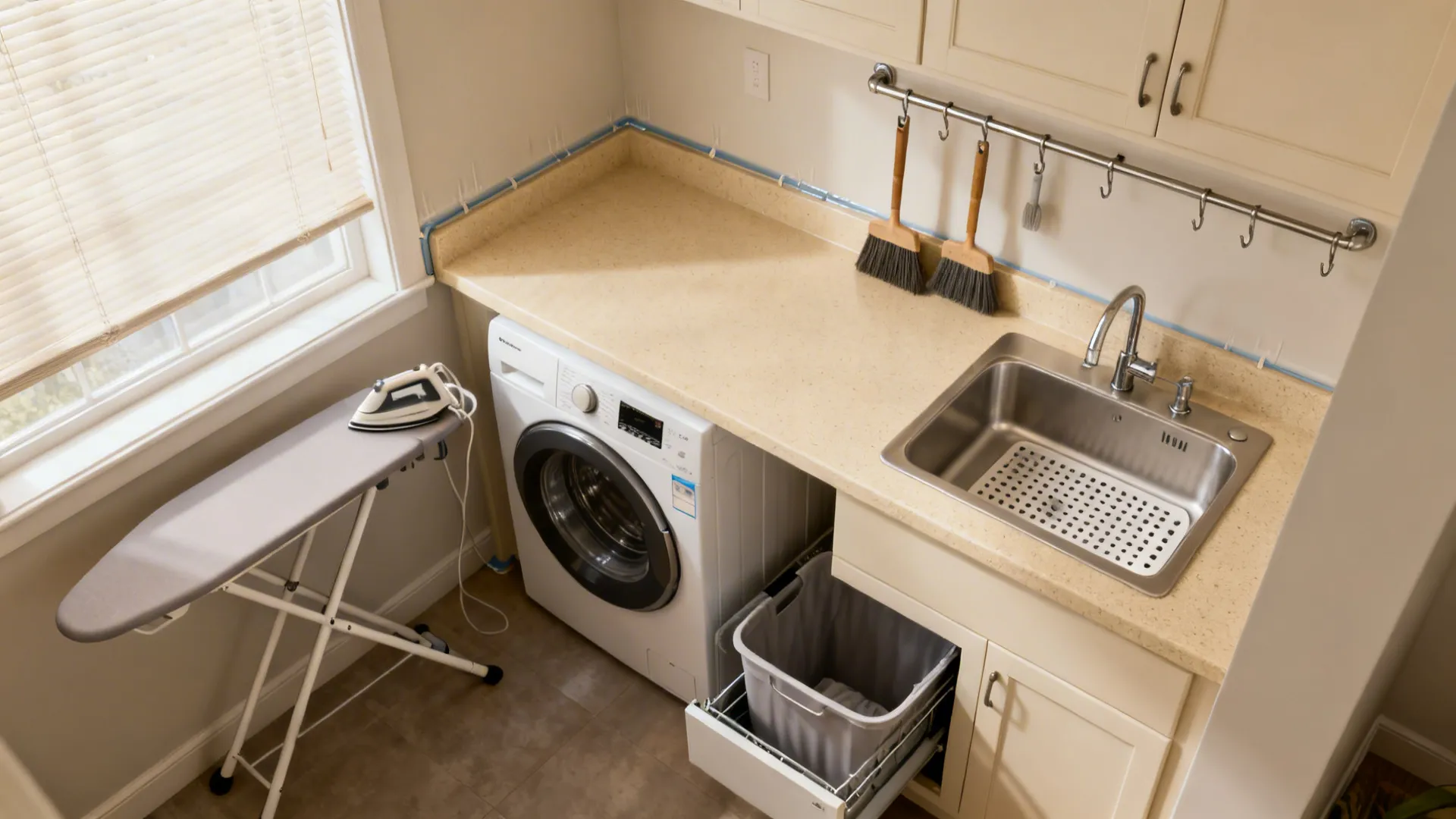 Utility zone with washer under counter, compact sink with prep tray, rail storage, and fold-down ironing board.