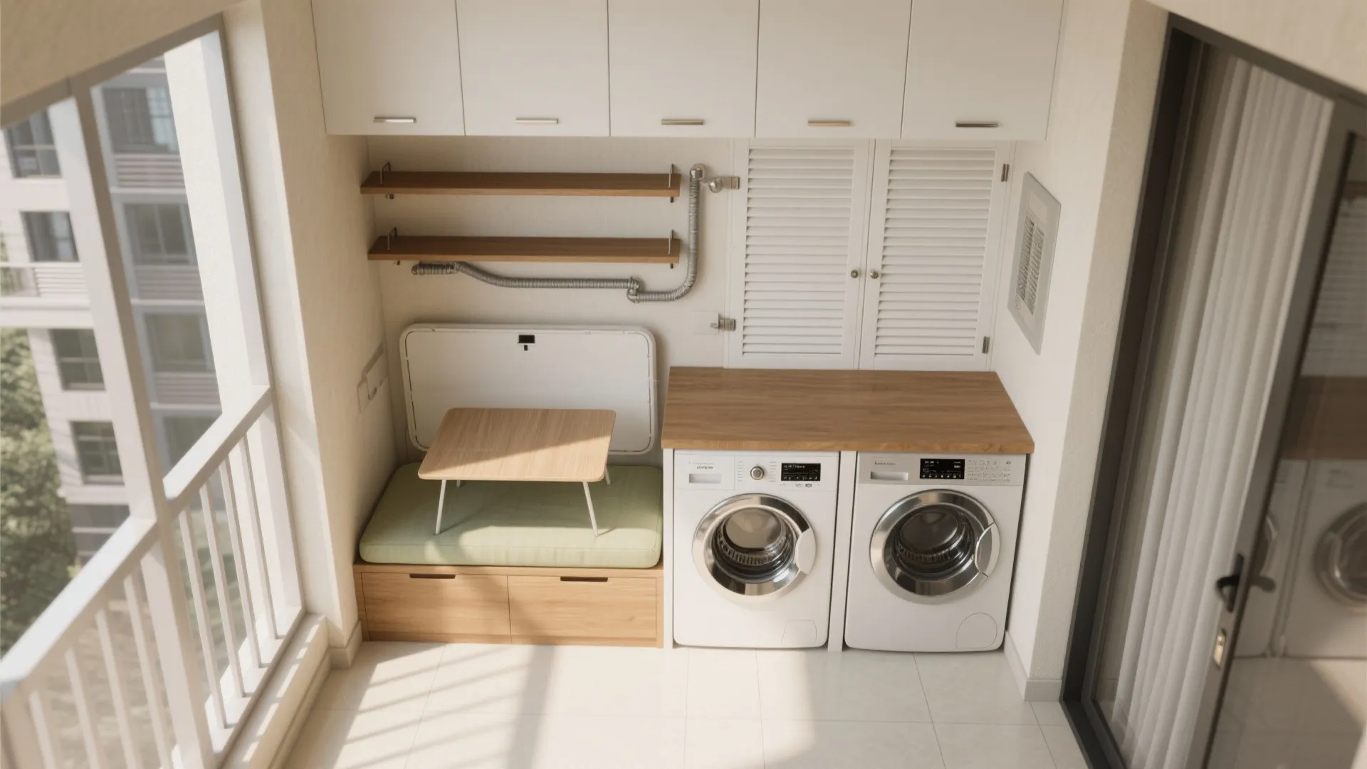 Modern laundry balcony with two washing machines white cabinets wooden table and green seating area design