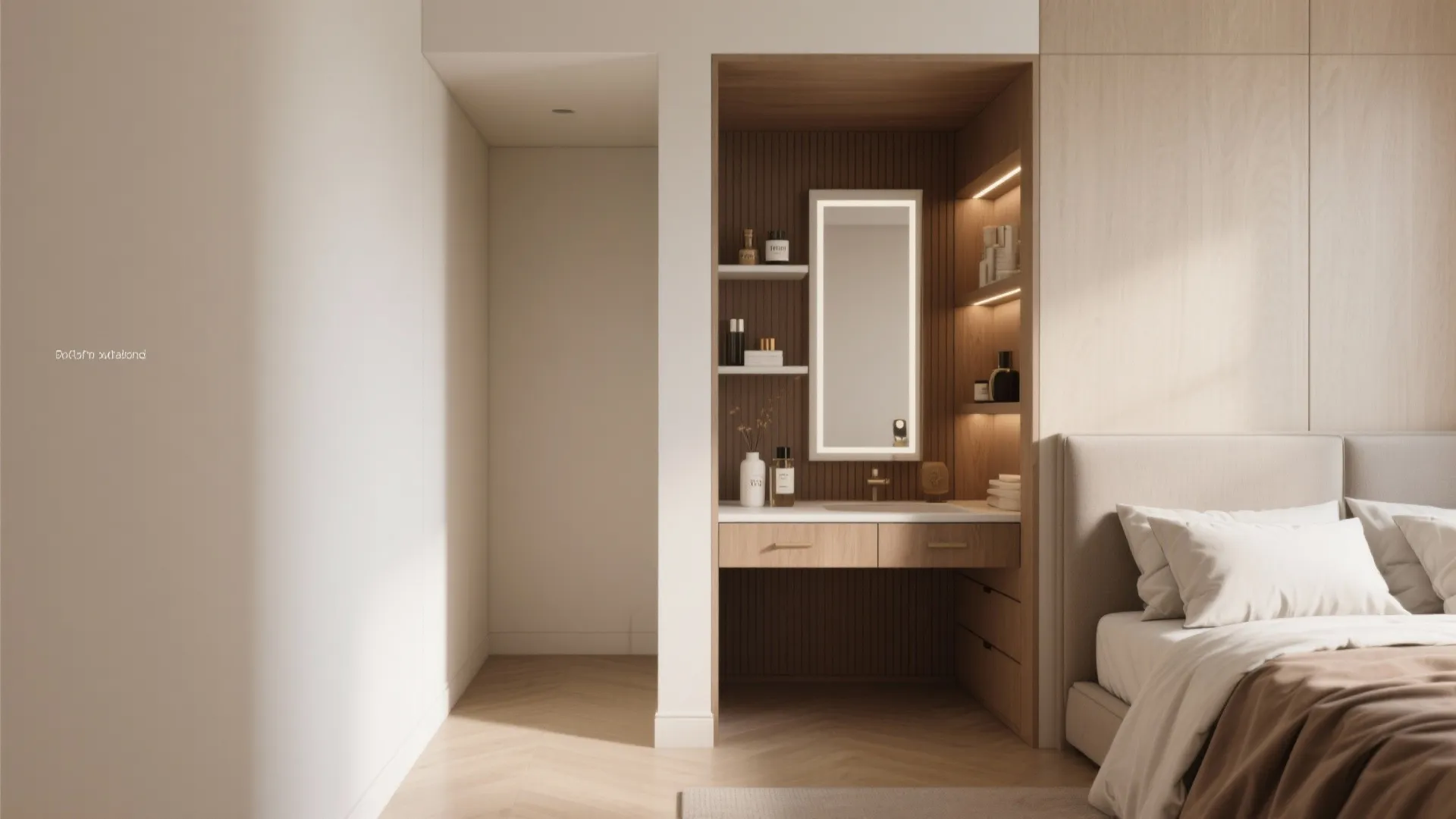 Built in bedroom vanity with lighted mirror wooden shelves storage drawers and comfortable bed beside wall