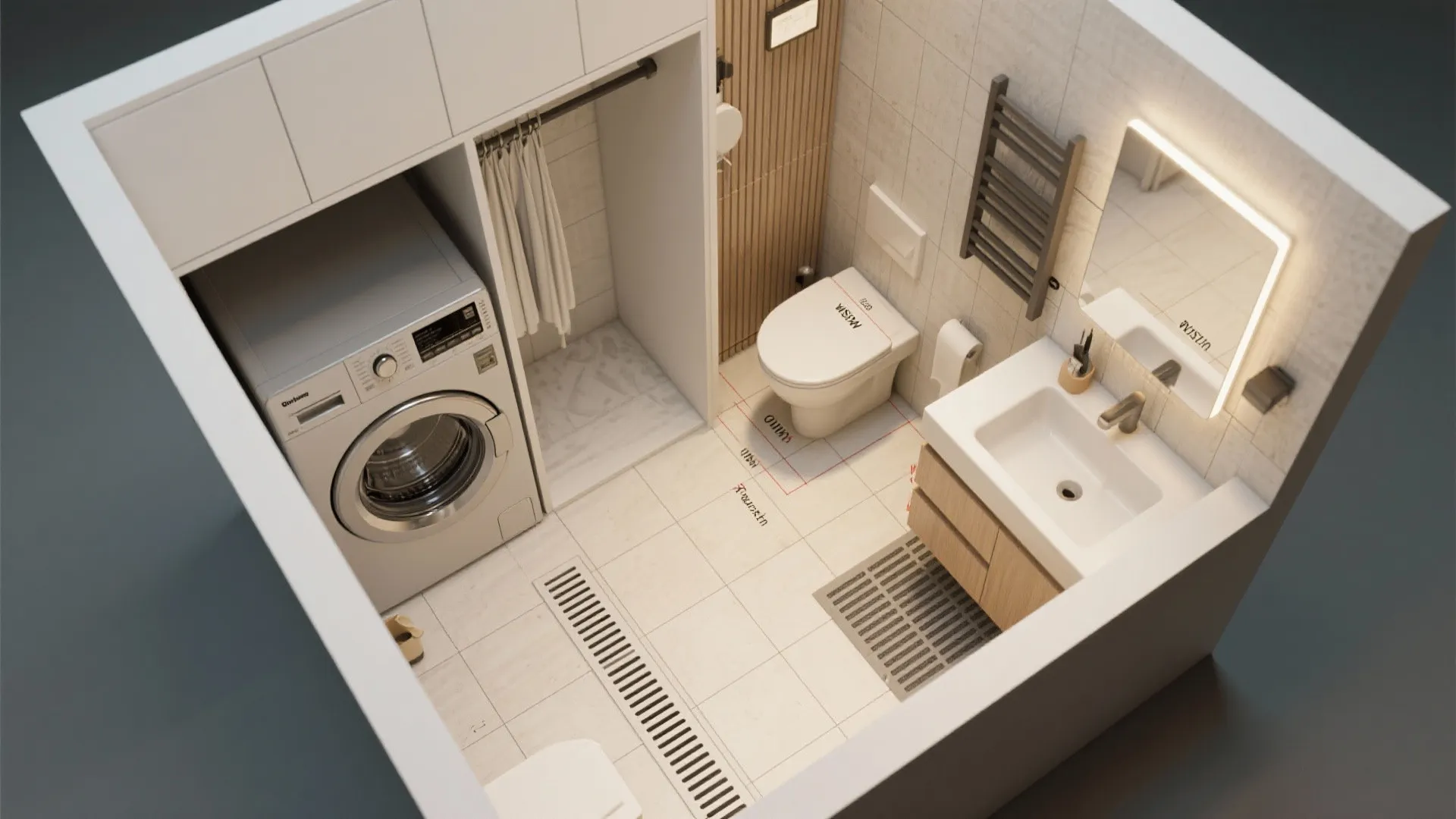 Top-down plan of a combined laundry nook and quarter bathroom with stacked appliances