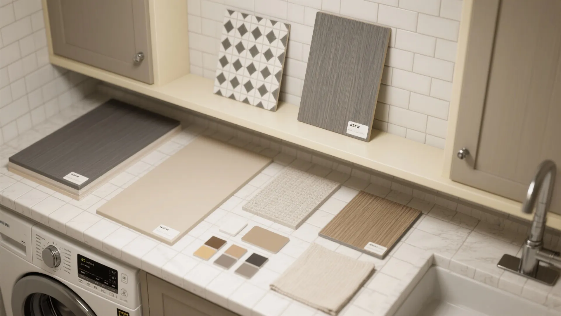 Various material samples including wood tiles and fabric placed on a white marble laundry countertop