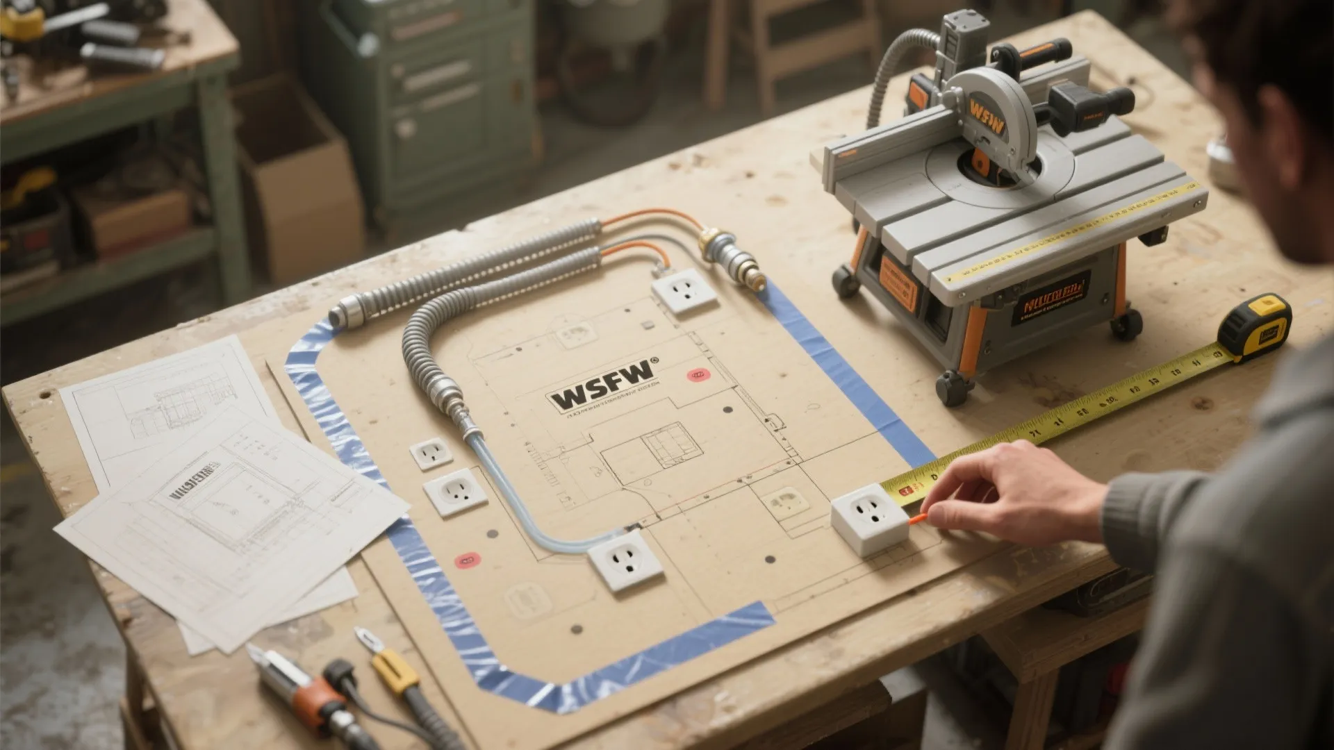 Person measuring a room layout with electrical plugs and small table saw on wood table