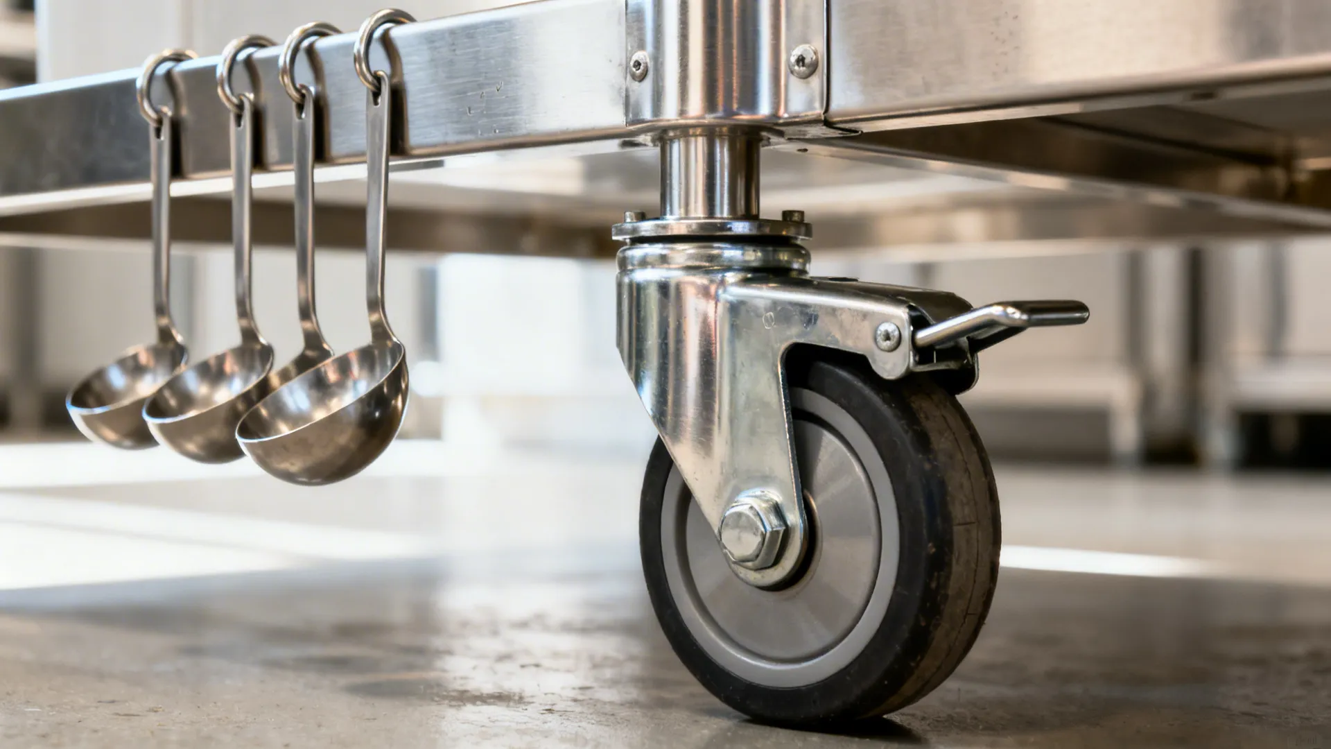 Close up of a stainless steel kitchen cart with wheels and metal ladles hanging on hooks