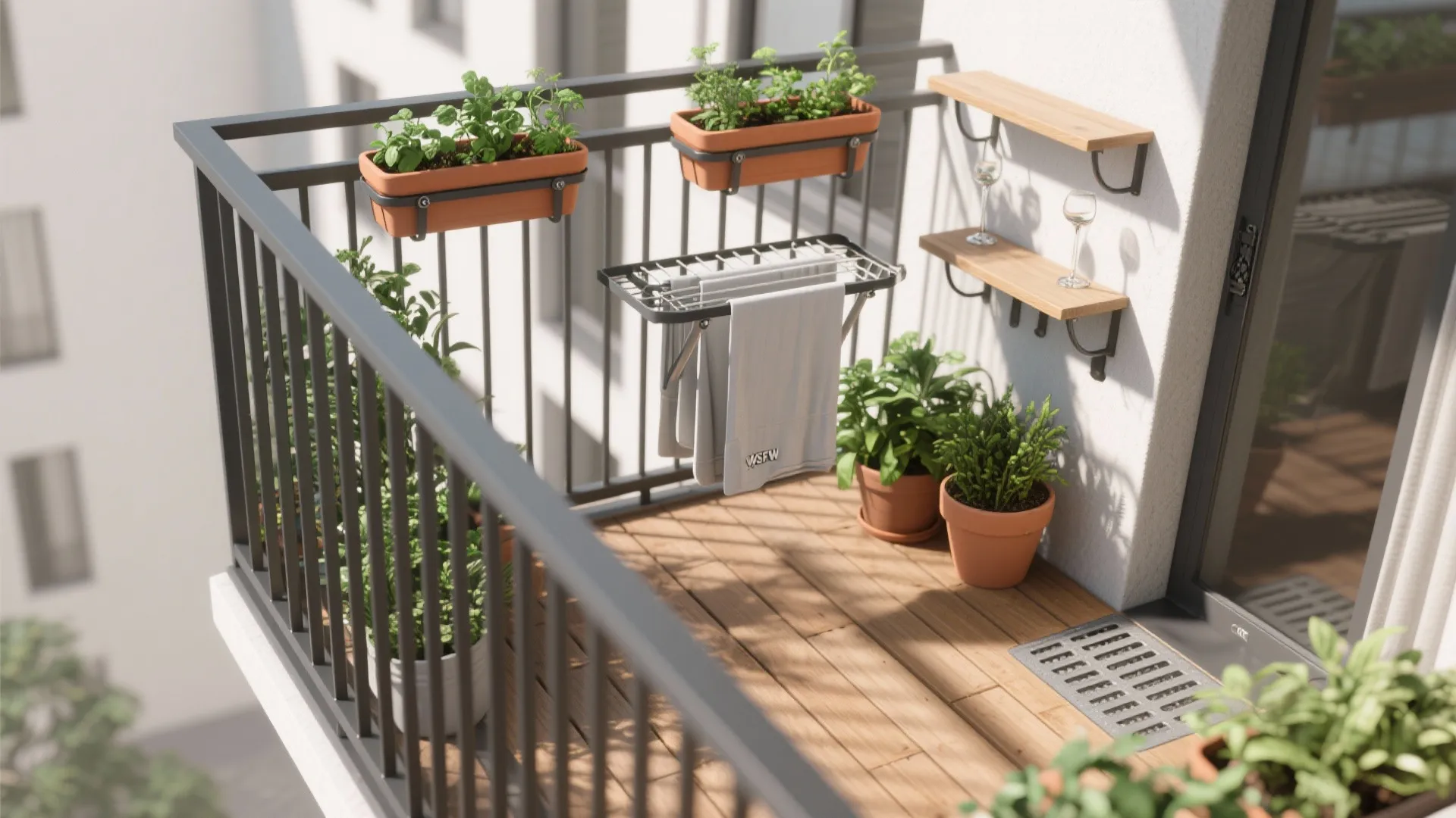Small balcony with wooden floor featuring hanging plants drying rack wall shelves and black metal railing