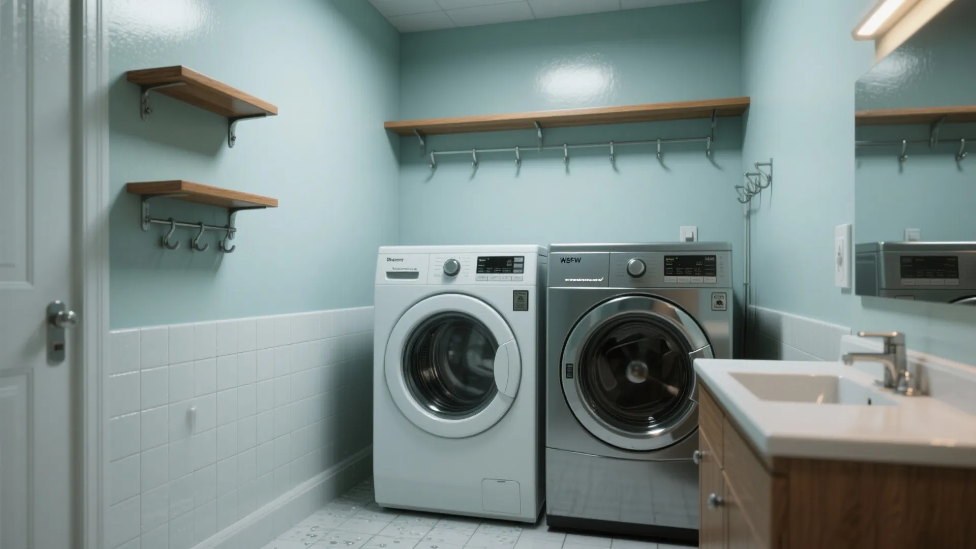Laundry room with high-gloss waterproof paint, washer/dryer, and warm wood trim accents.