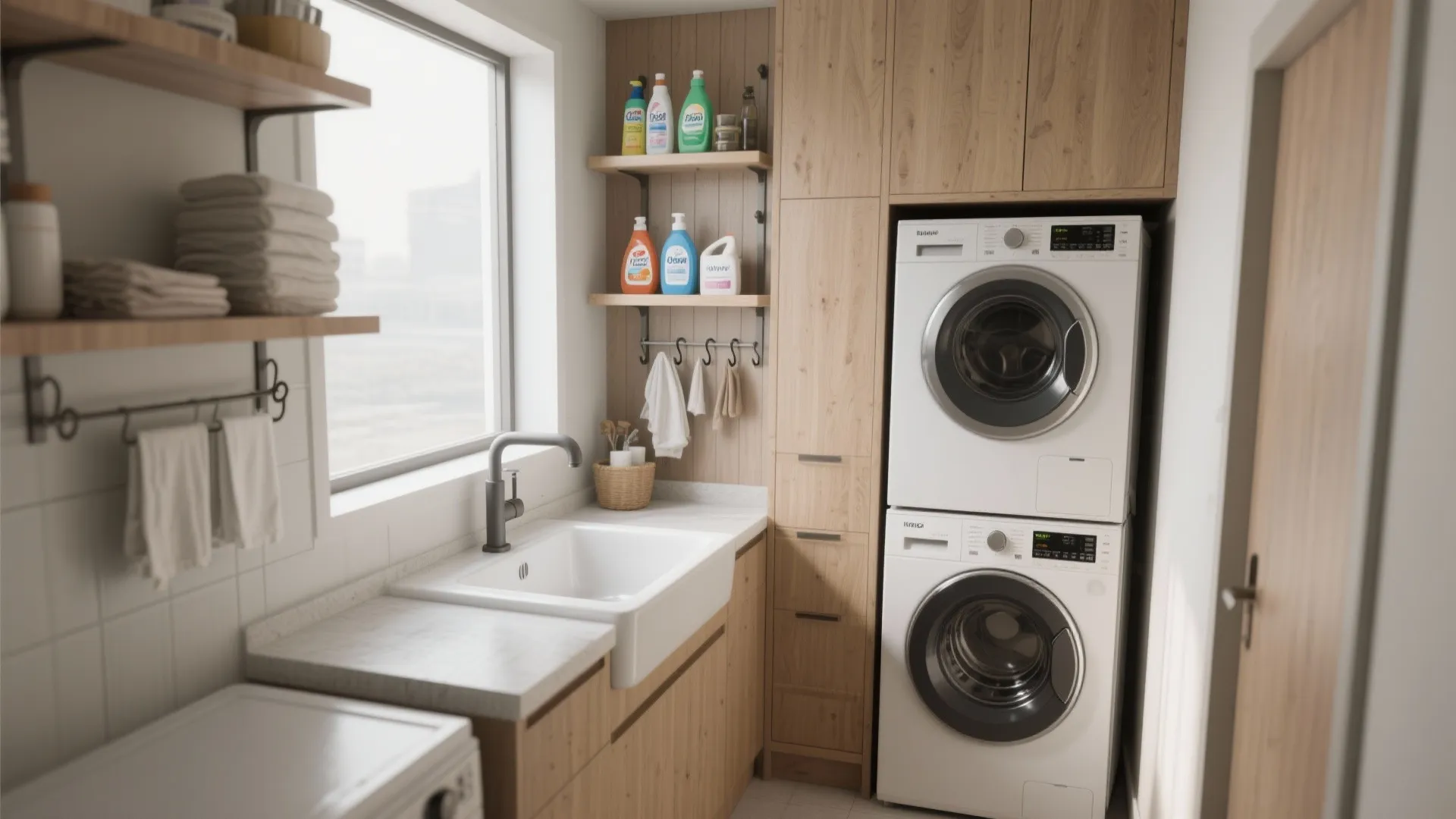 Small laundry room with white sink, wooden cabinets, stacked washing machines, and wall mounted shelves