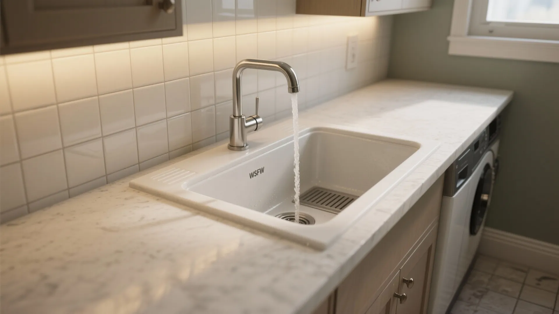 Close up of white laundry sink with water flowing from a silver metal faucet head