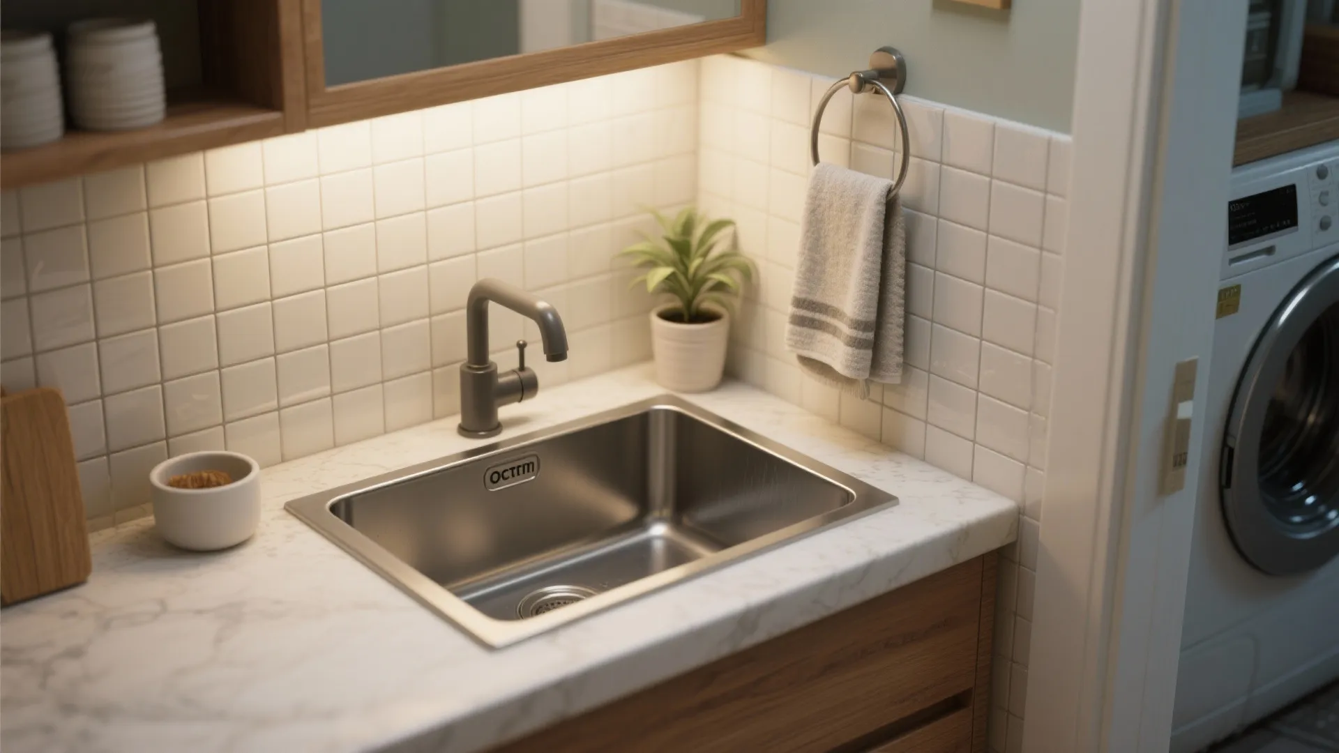 Stainless steel laundry room sink with modern faucet on marble countertop near a washing machine