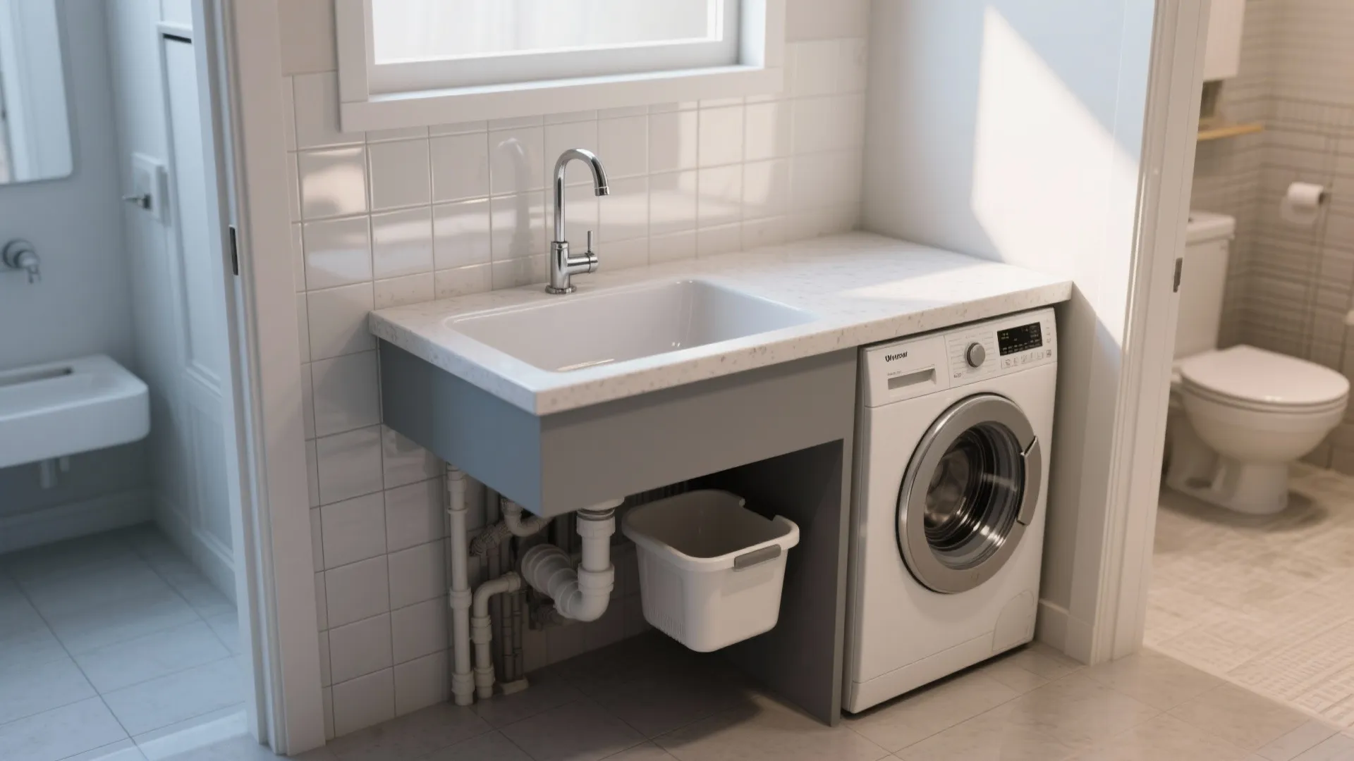 Modern laundry area with white wash basin grey cabinet washing machine and white wall tiles design