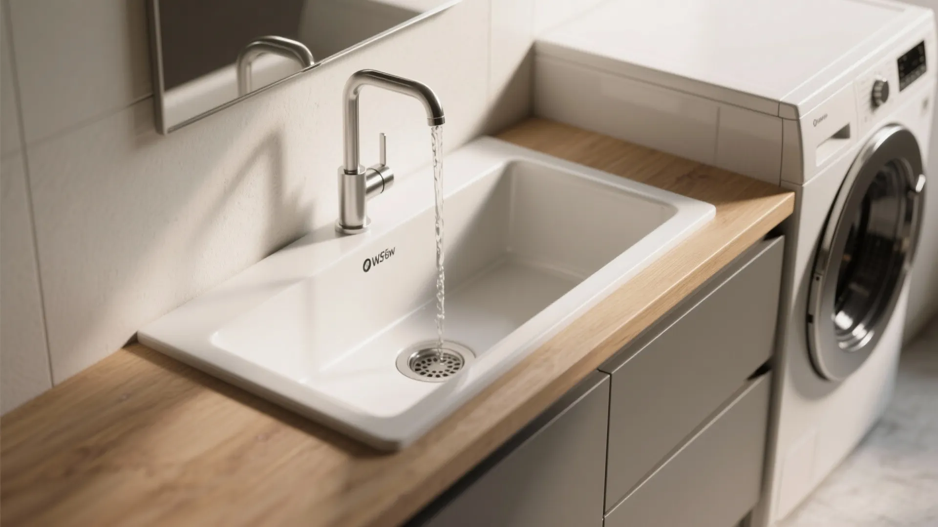 White laundry sink with running water on wood countertop next to a silver washing machine