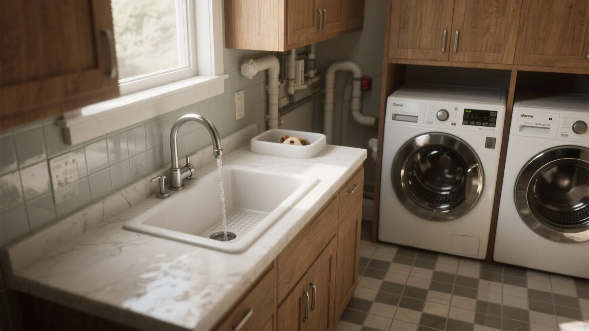 White kitchen sink with running water, marble countertop, wooden cabinets, and washing machines in background