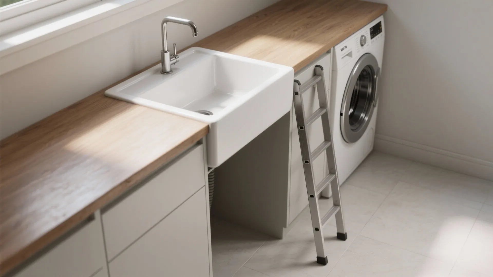 White laundry sink set into wood countertop next to a washing machine and metal ladder