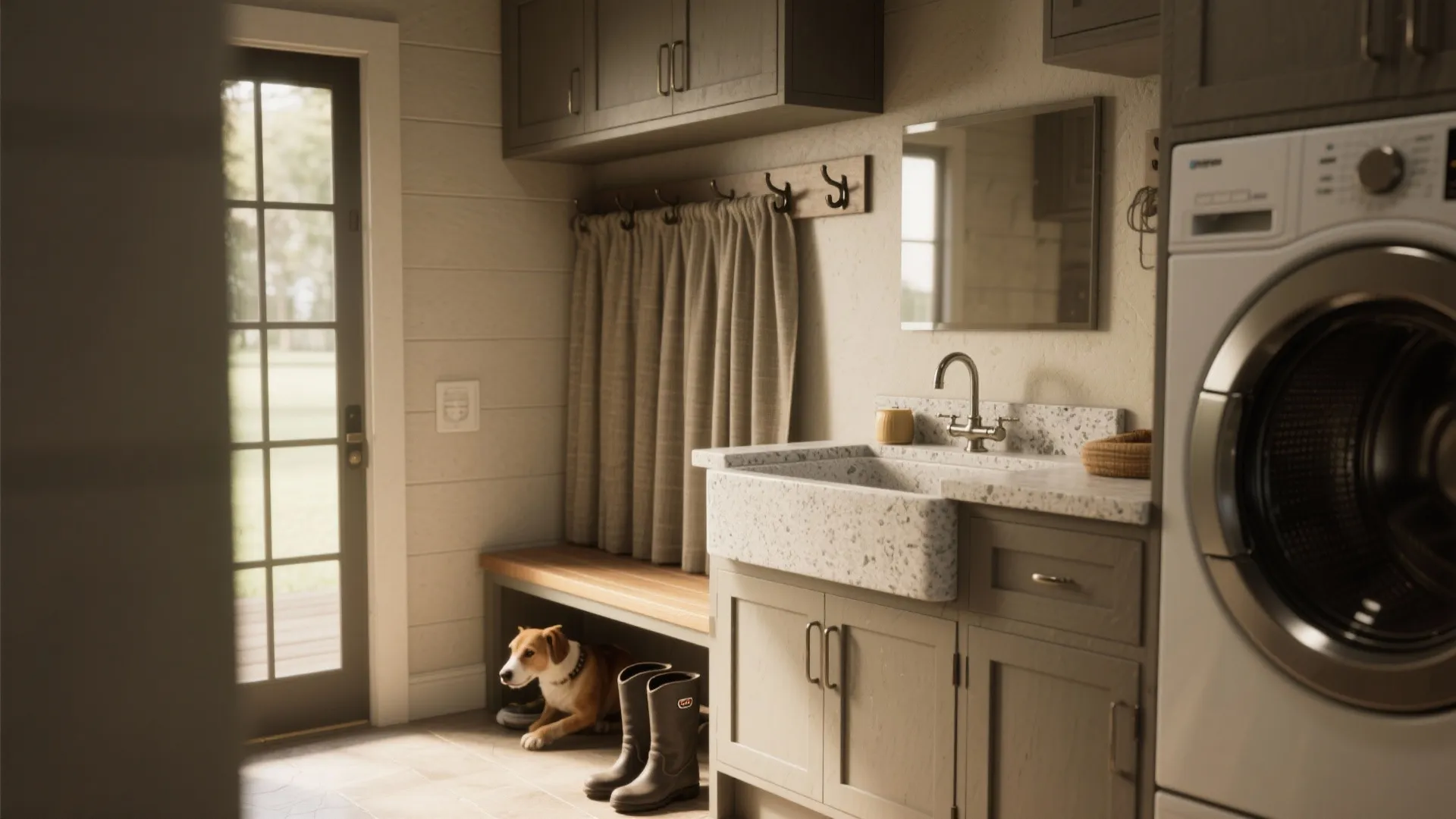 Mudroom-style laundry with a deep utility sink beside a bench, hooks above, and a simple curtain for concealed storage.