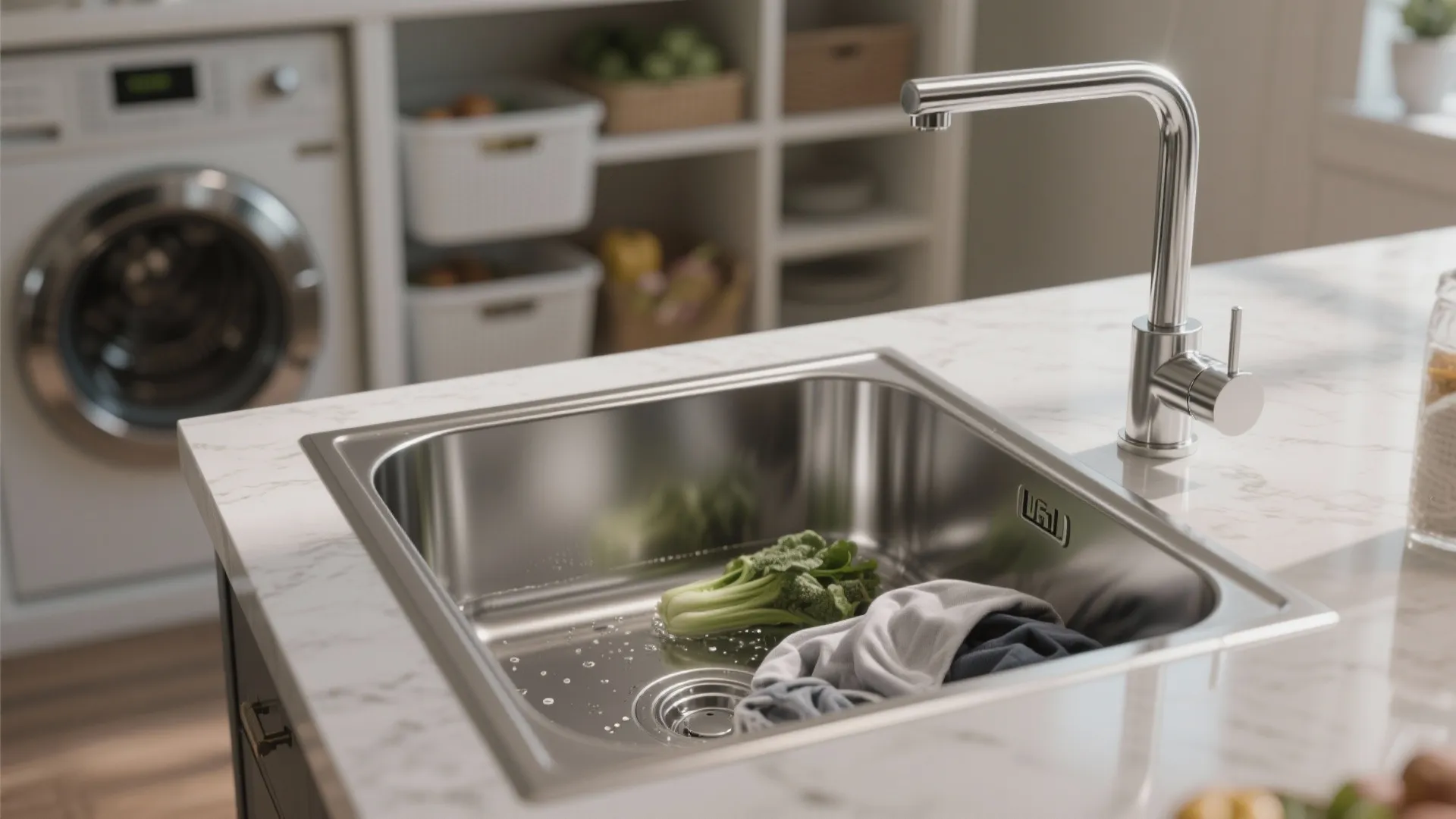 Close up of silver kitchen sink on white marble counter with washing machine in background