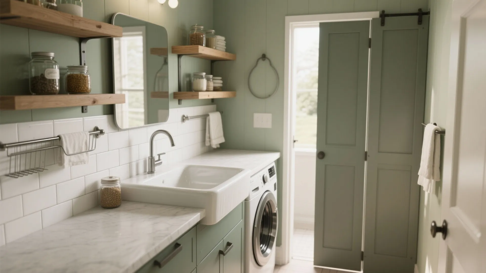 Green utility room featuring a white sink washing machine wooden shelves and a sliding door