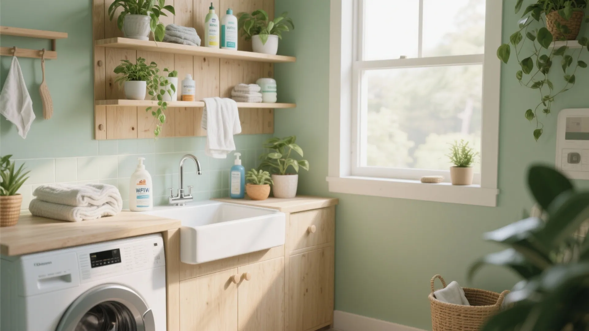 Small laundry area with green walls wooden shelves white sink washing machine and many green plants