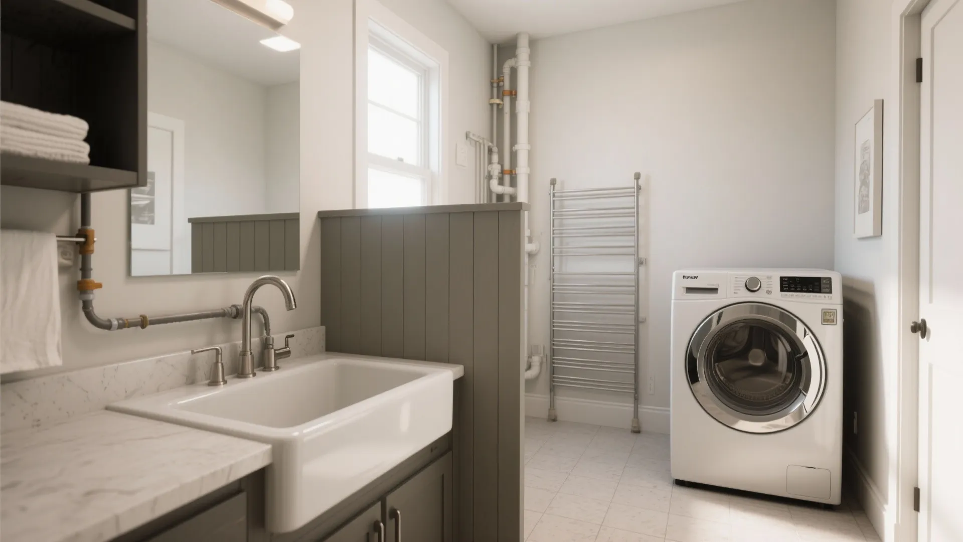 Modern laundry room with white washing machine, large sink, wall panel, mirror, and towel rail