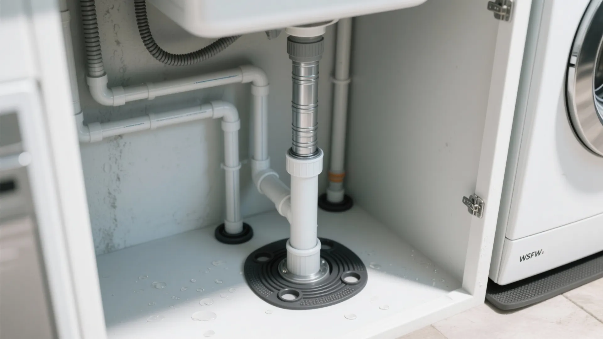Close up interior design drawing showing white plumbing pipes and drainage under a laundry utility sink