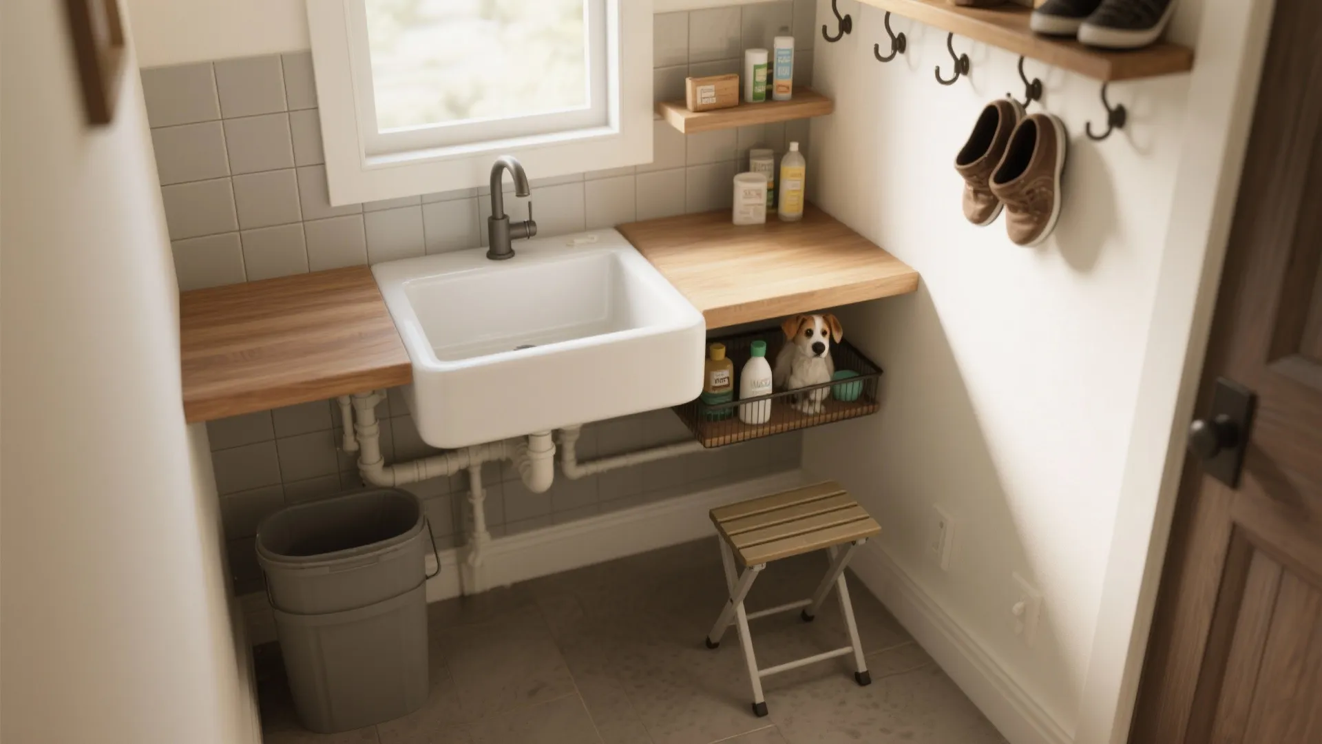 Small utility laundry nook with white sink wooden countertop wall shelves shoes and a stool