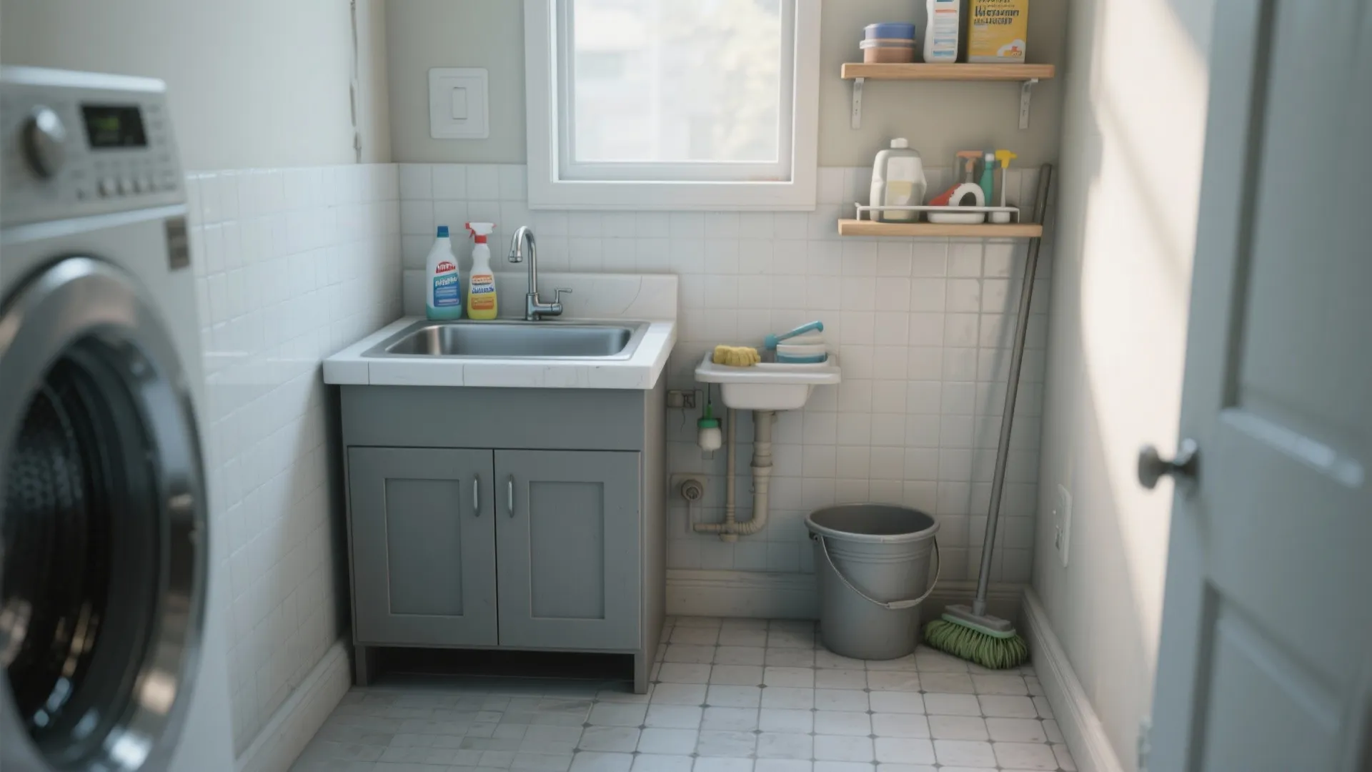 Laundry room utility area with grey cabinet sink metal bucket broom and wooden wall shelves