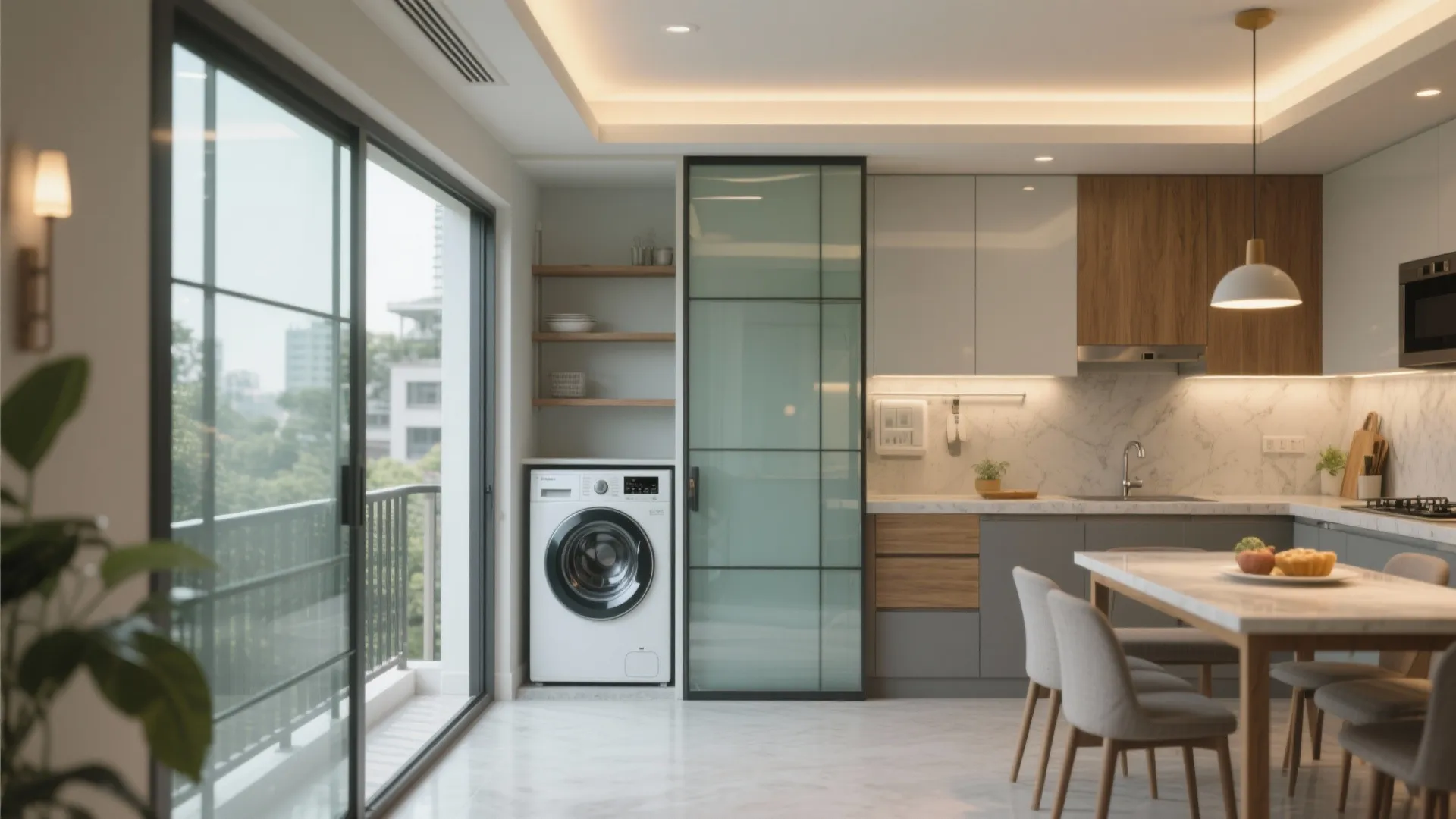 Pocket utility + sliding partitions for flexible living