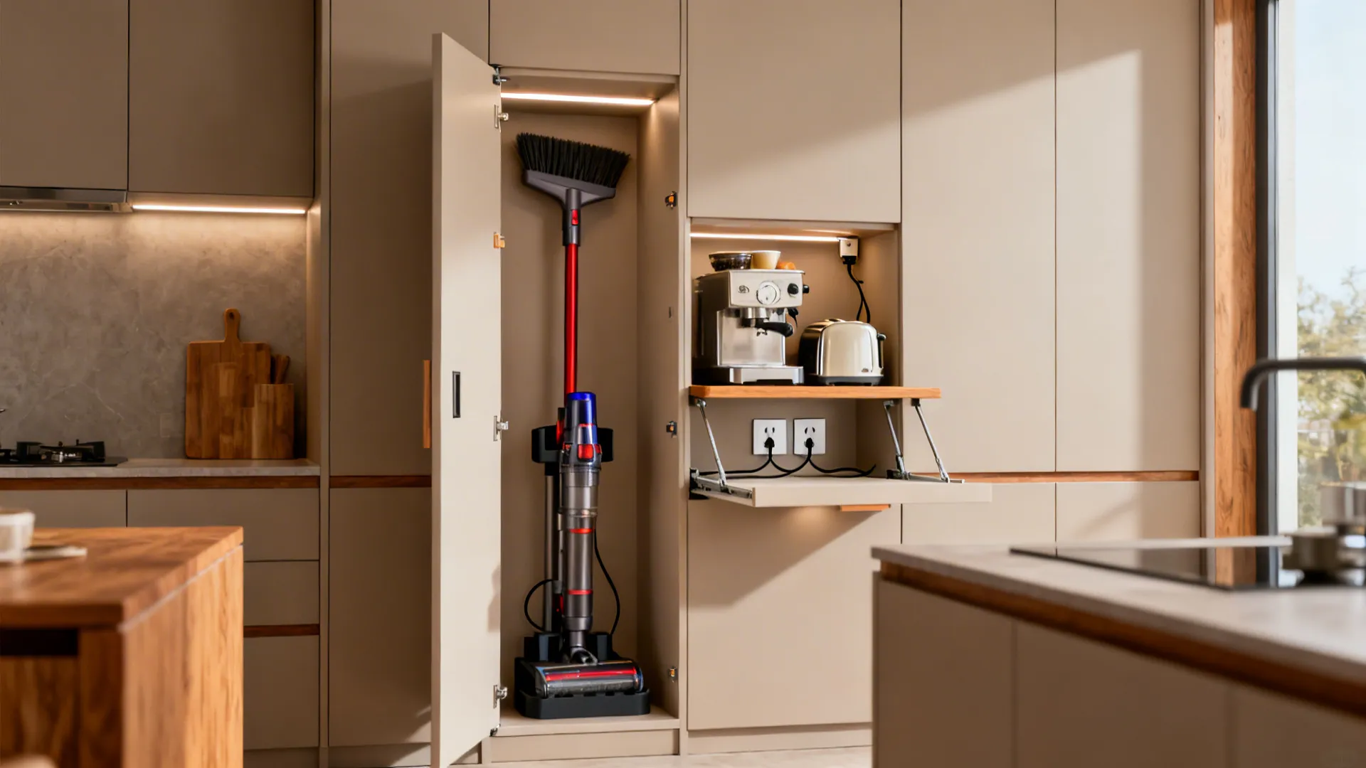 Utility tall cabinet with broom storage and a flip-down breakfast station with espresso setup.
