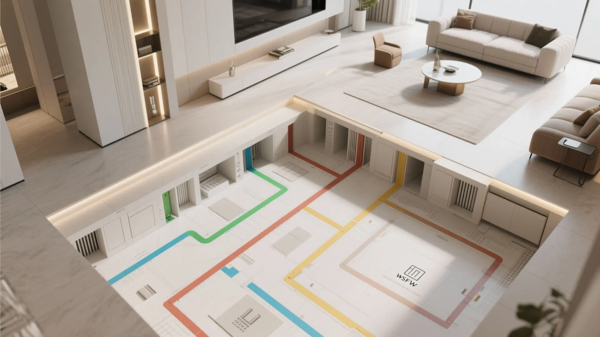 Cream living room with sofa above a visible floor plan showing colorful water pipes and electrical