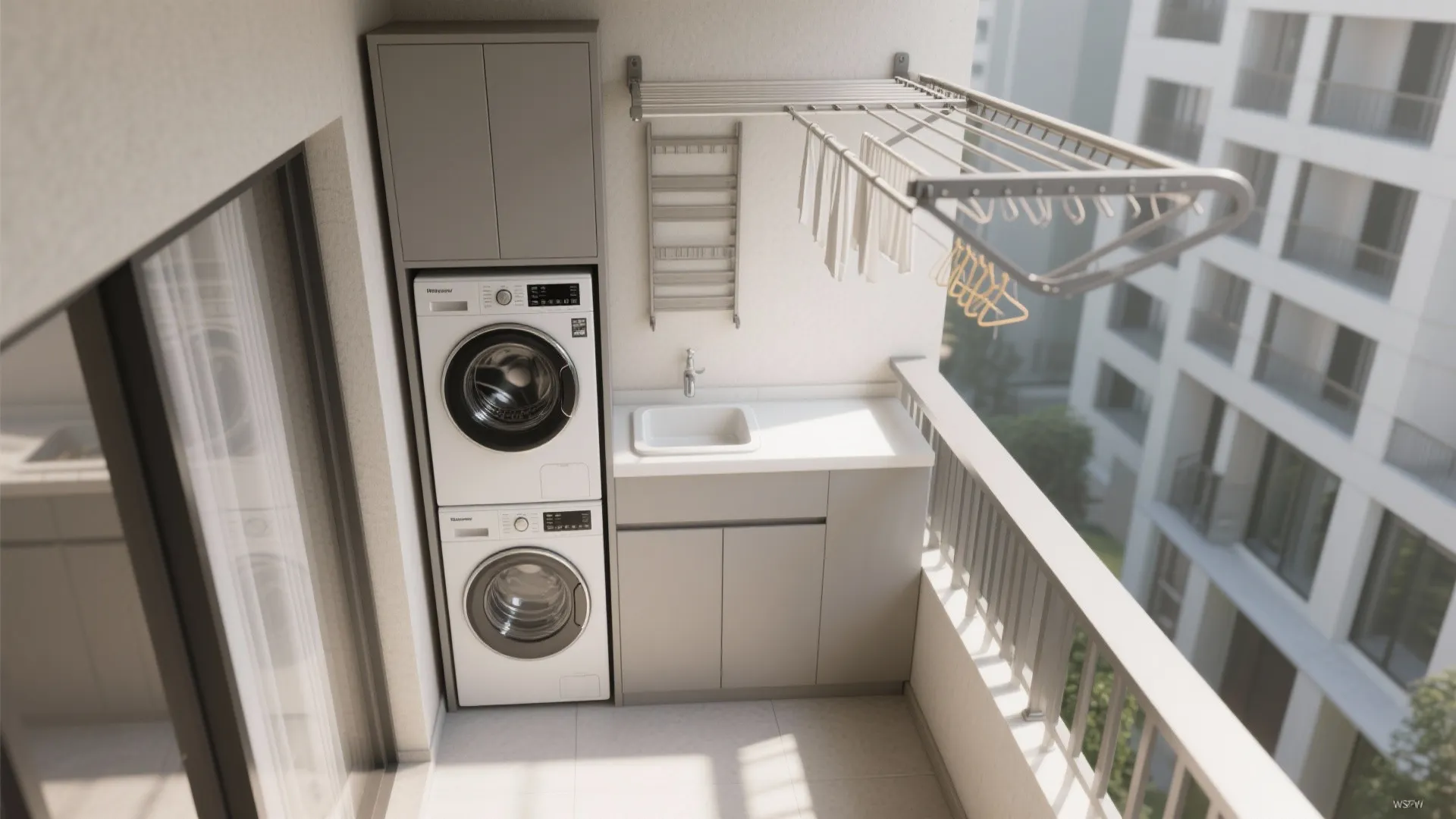 Utility balcony optimization for laundry and storage