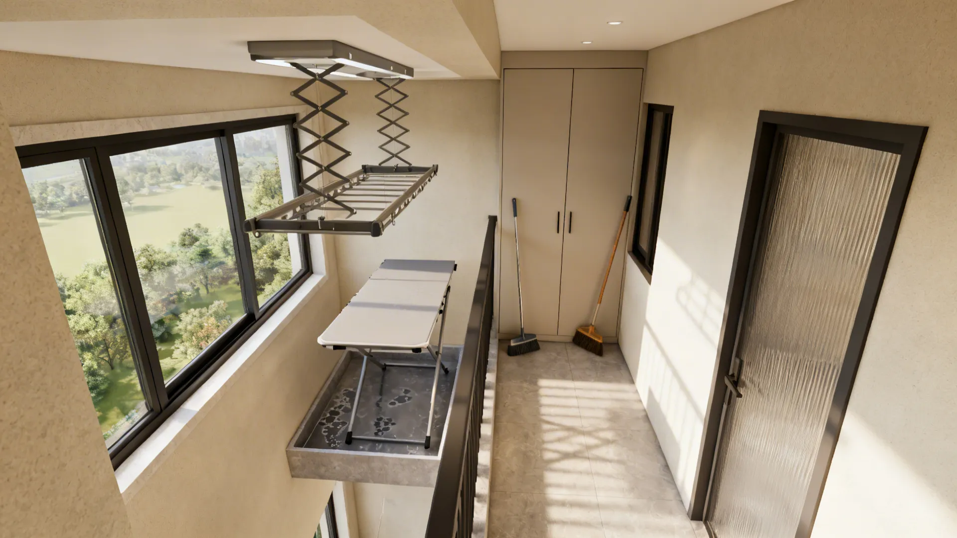 Top-down layout of a small utility balcony with drying near the window and folding in the shaded area.