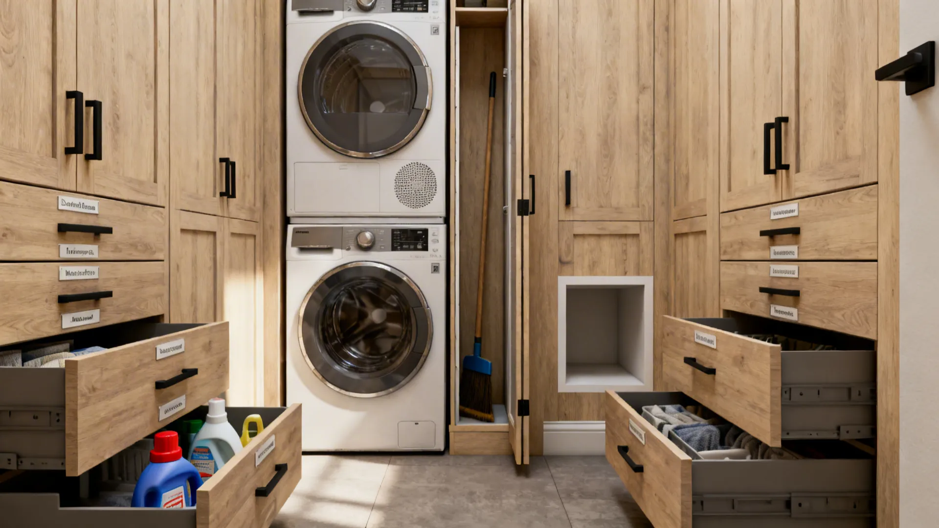 Vertical utility tower with stacked washer and dryer, pull-out drawers and broom closet.