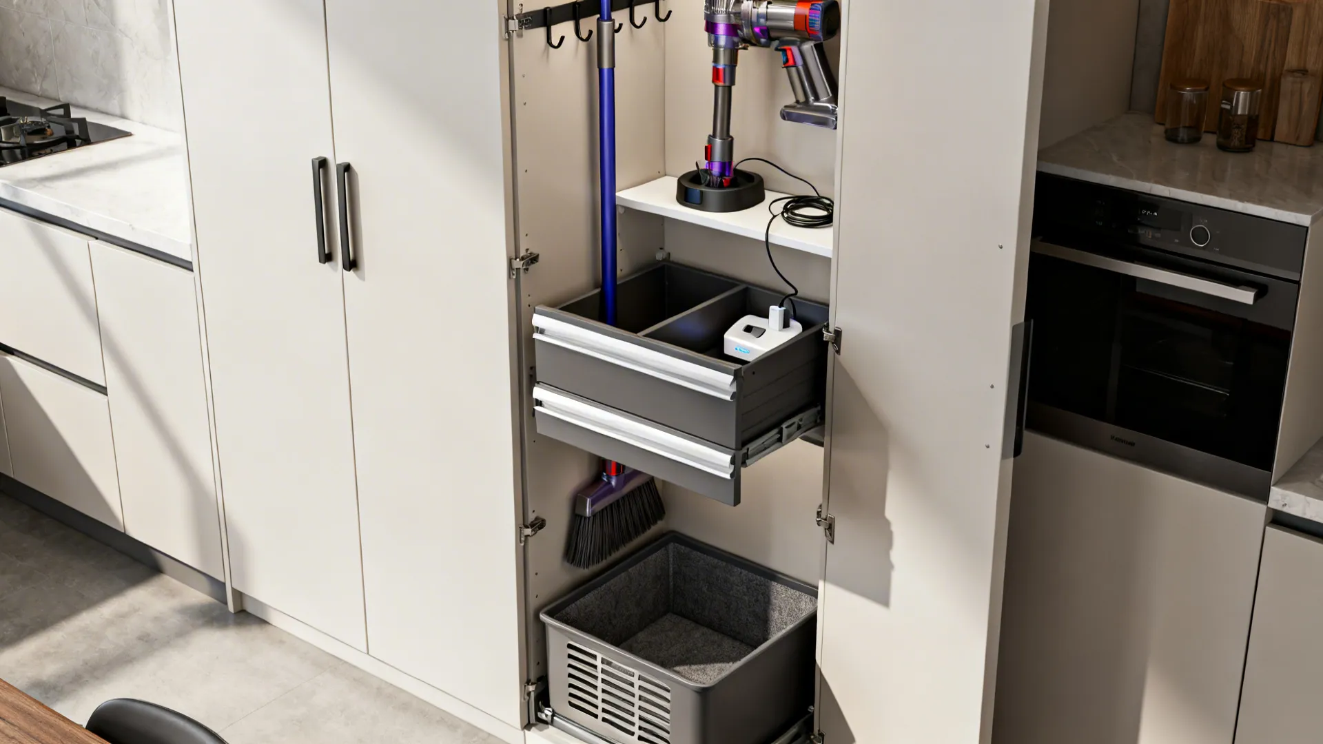 Utility tower cabinet with broom hooks, dual-bin pull-out, and a charging shelf for a cordless vacuum.