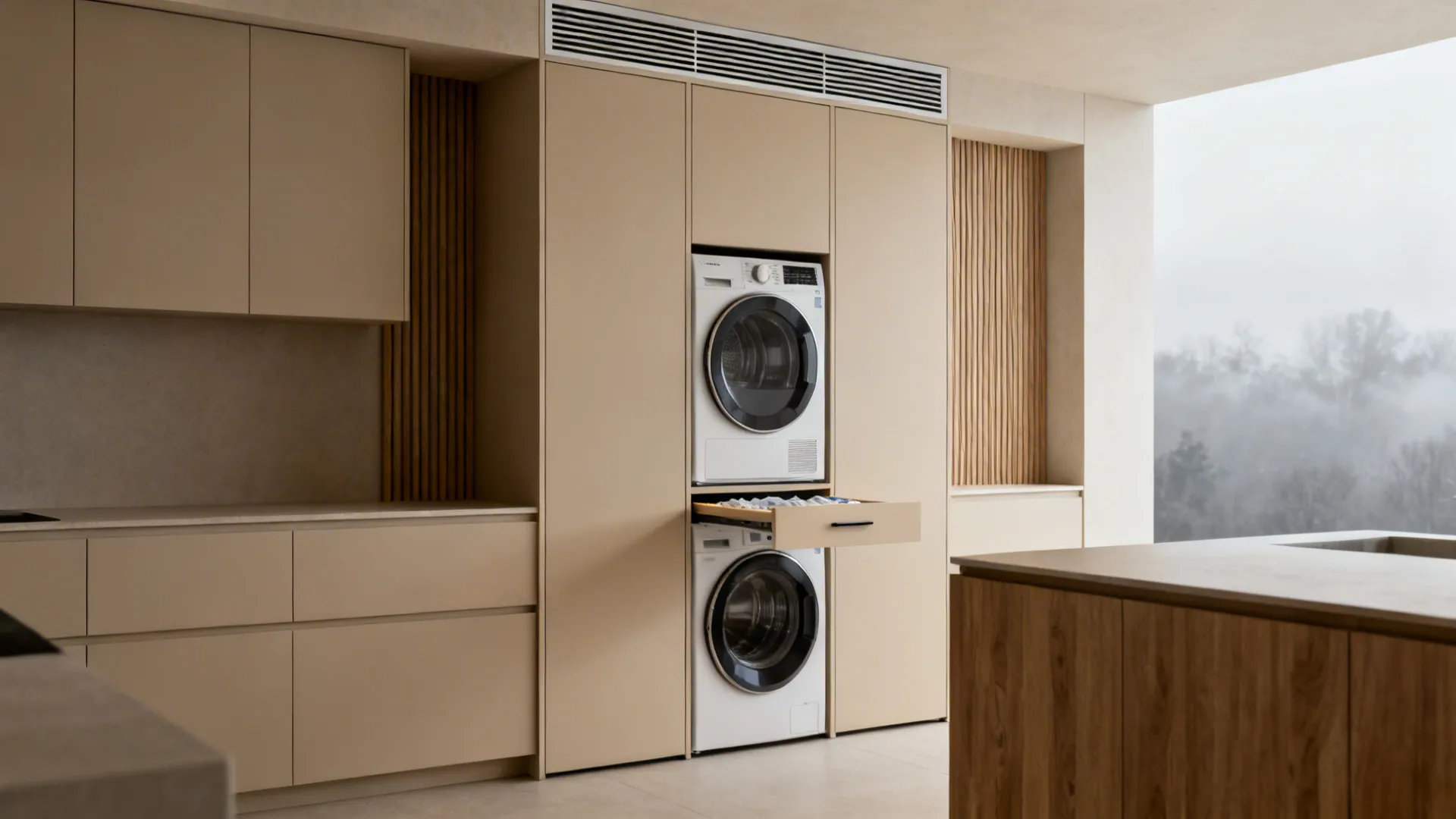 Tall utility tower with stacked washer and dryer, pull-out folding shelf, and top ventilation grille.