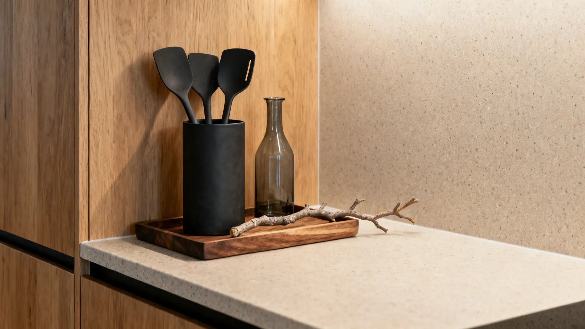 Corner Idea 1: Layered Utility Tray with Vertical Accents