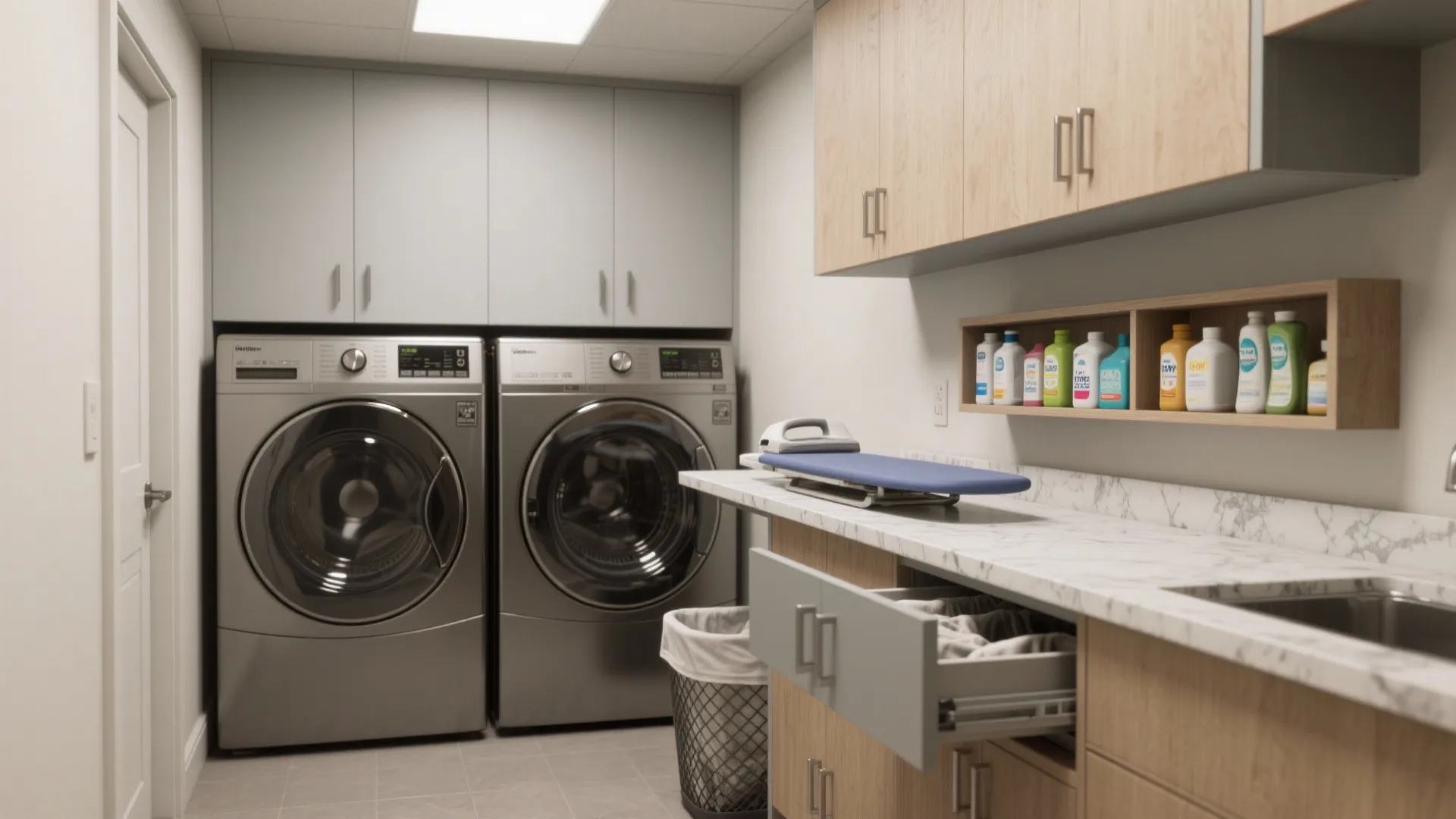 Laundry room with two silver machines marble countertop wooden cabinets open drawer and wall mounted shelf