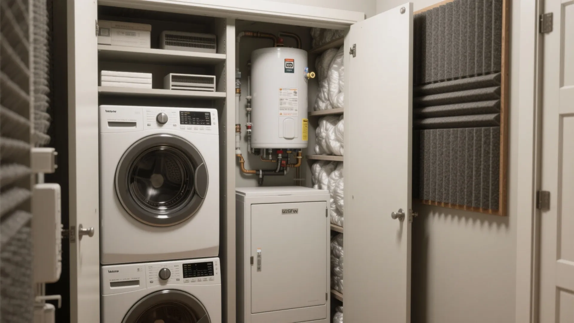 Utility wall with stacked washer/dryer, compact HVAC access and insulated enclosure