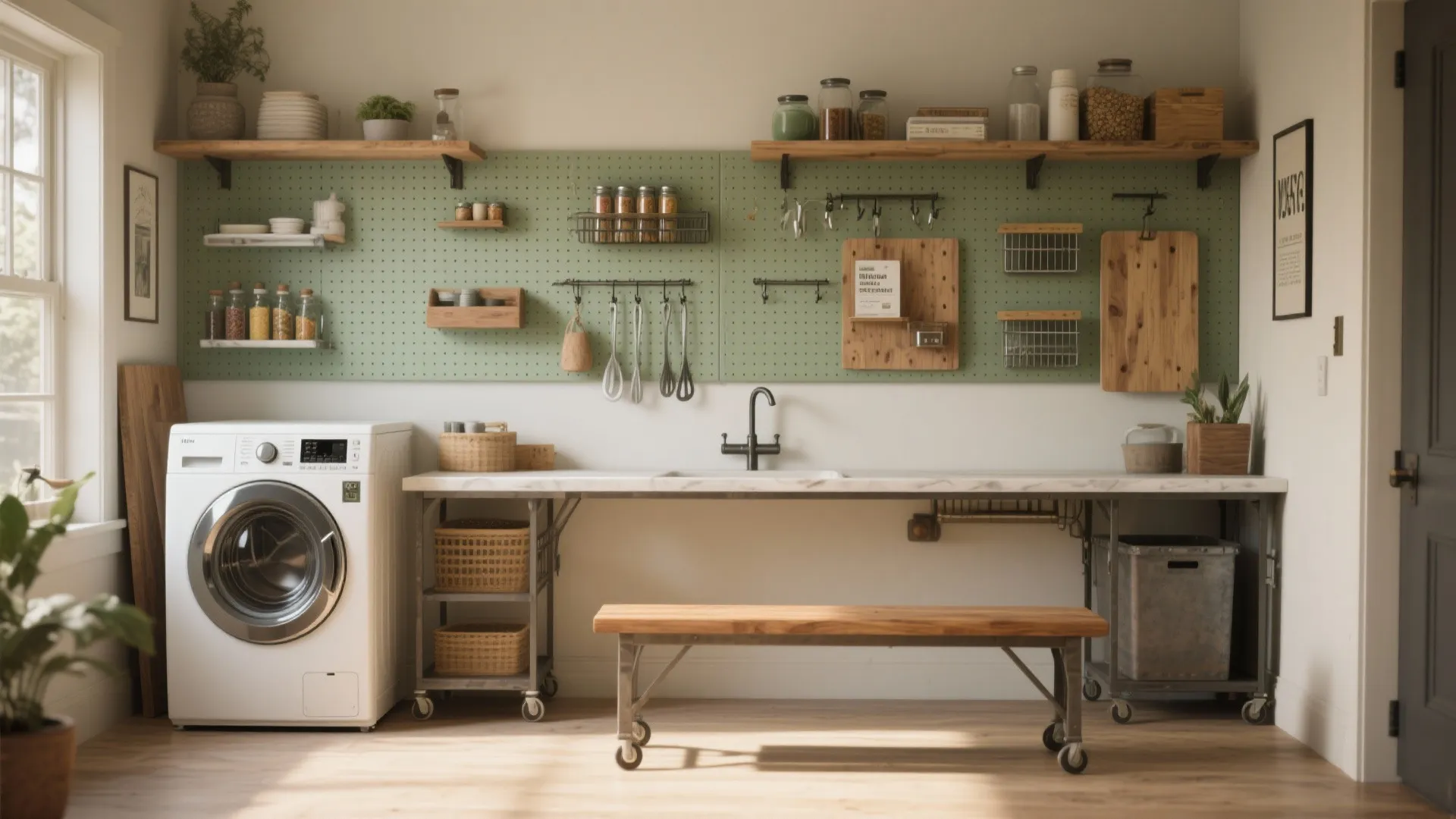 5. Utility Wall + Folding Bench Island