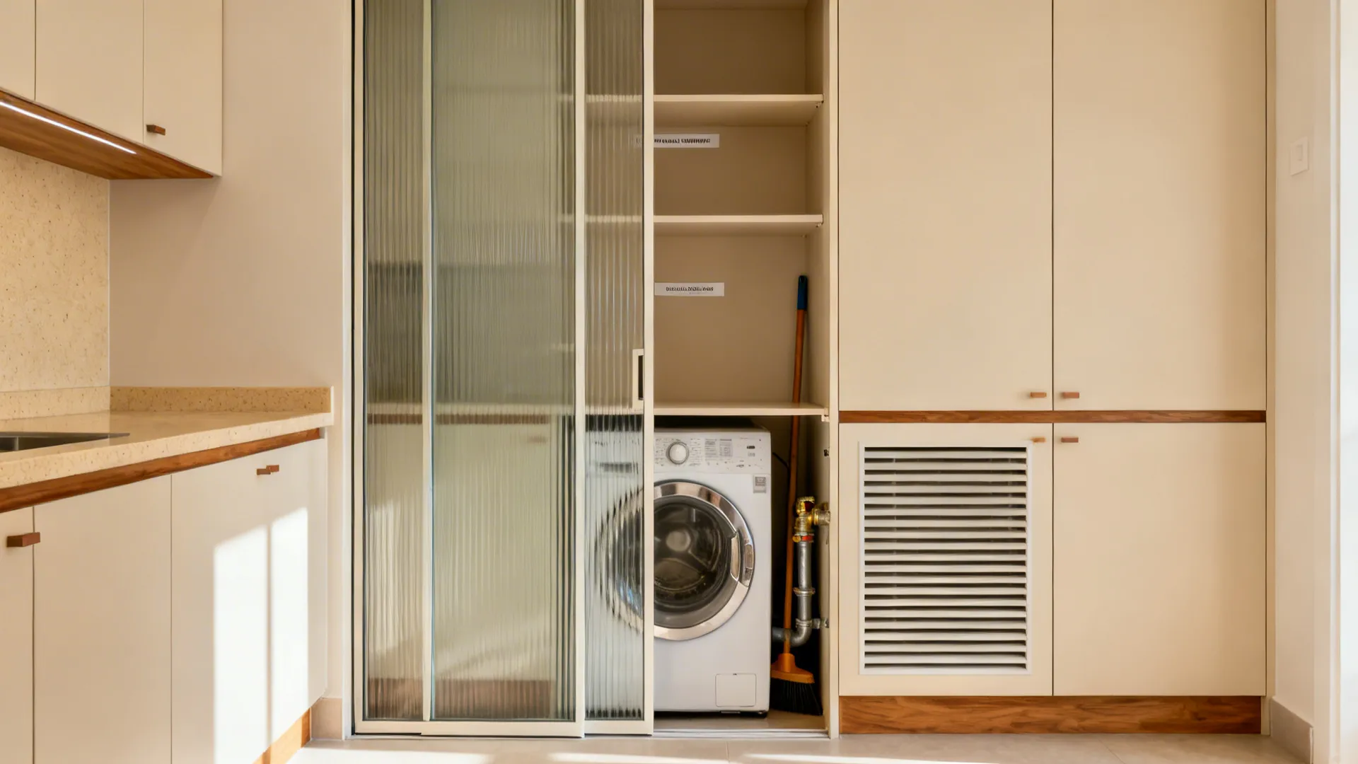 Full-height minimalist cabinets and fluted-glass partition hiding utility clutter in a small kitchen.