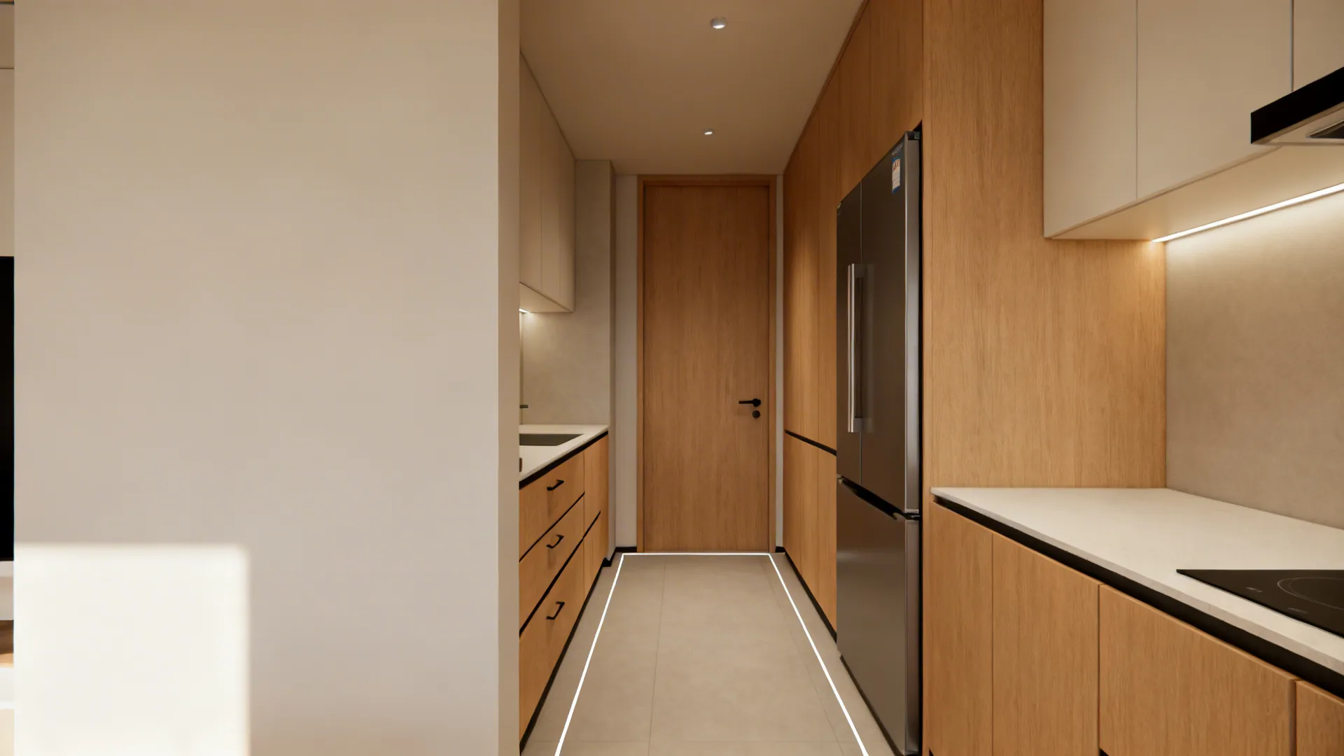 Top-down corridor kitchen layout with a shallow tall cabinet wall and clear aisle.