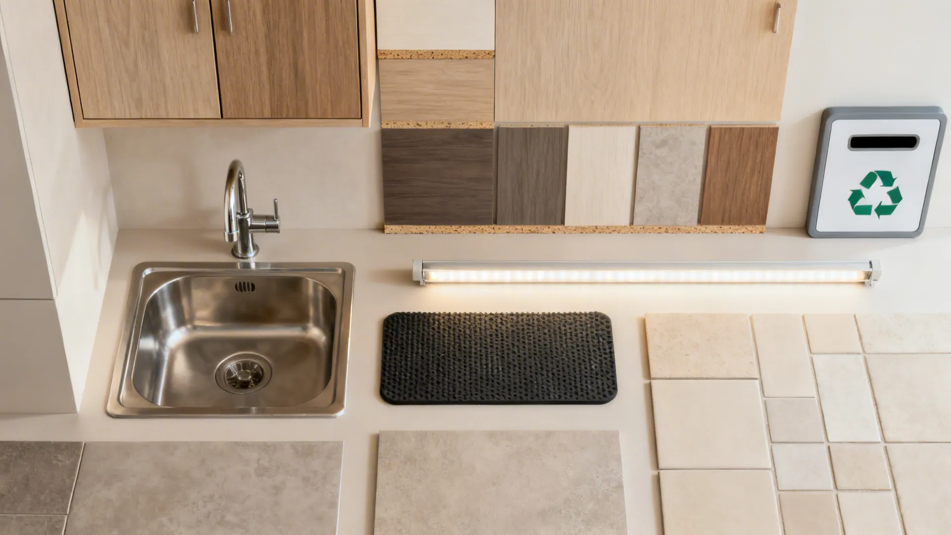 Flat lay of utility room materials including a compact sink, laminates, tiles, and LED strip.