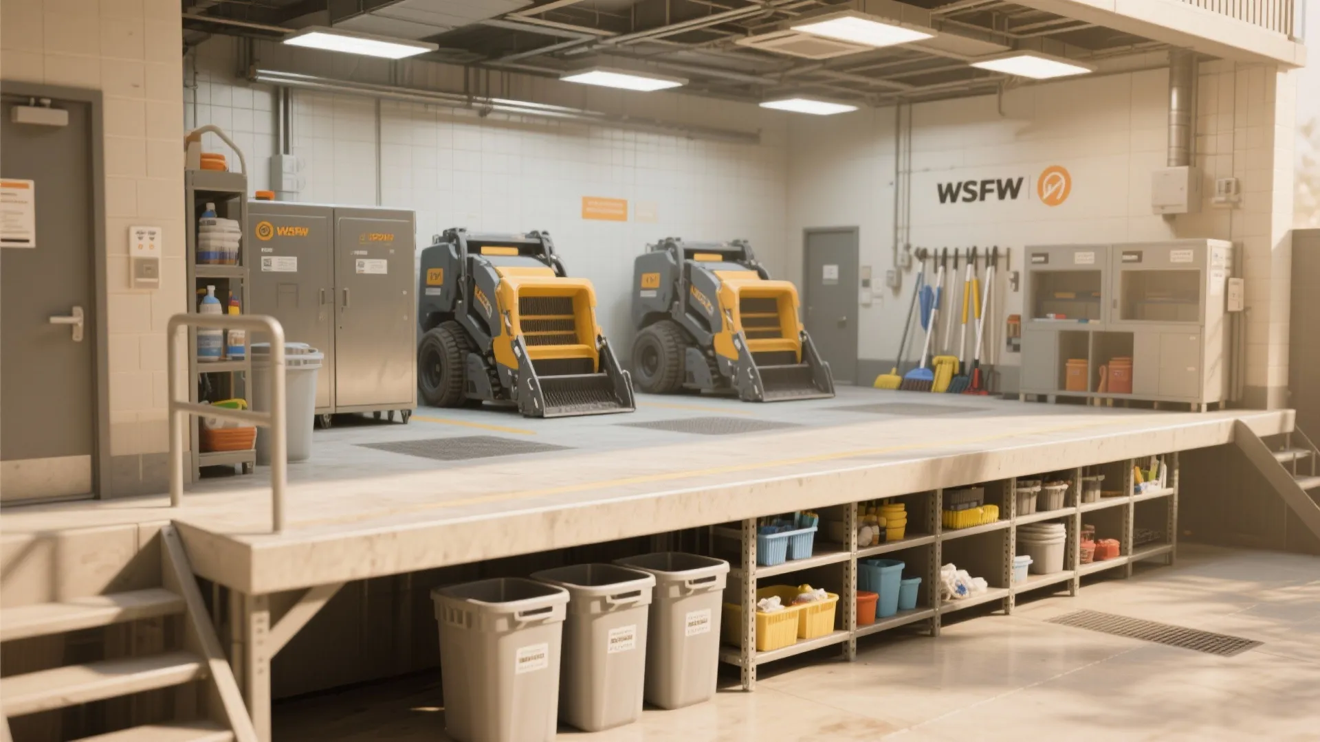 Clean utility room storage area with shelving units and cleaning equipment for a organized home layout