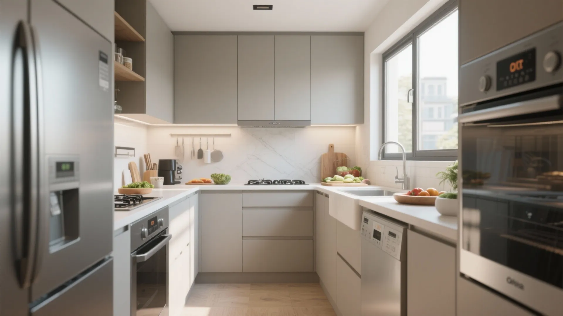 Modern small u shaped kitchen with grey cabinets white countertop sink stove and built in oven