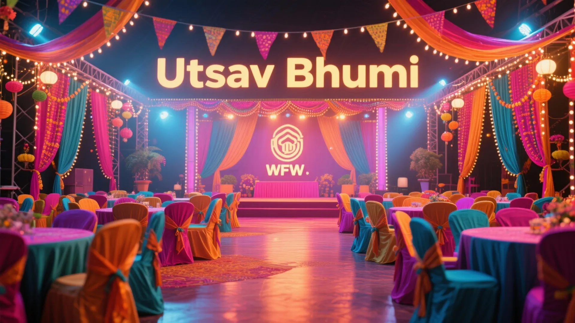 Indian banquet hall decorated with festival lights and colorful fabrics