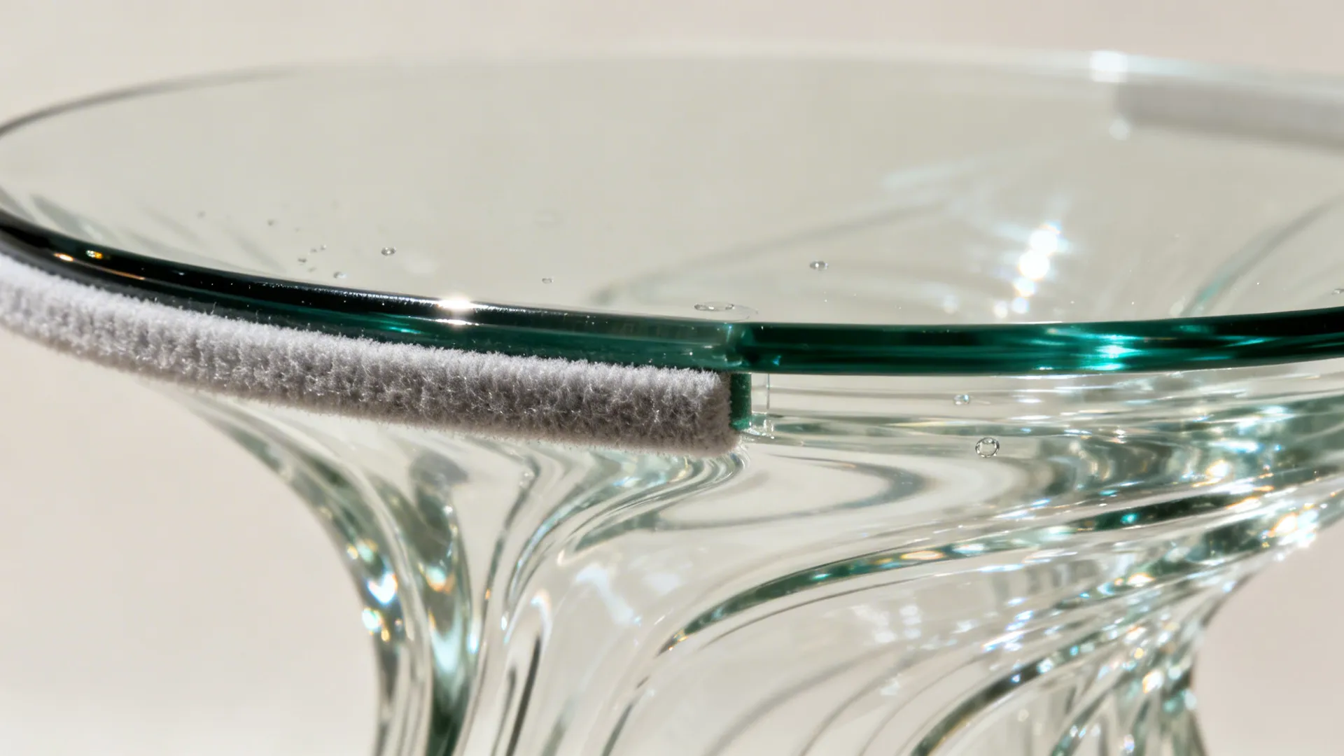 Macro UV-bonded glass joint with polished edges and clear finish.