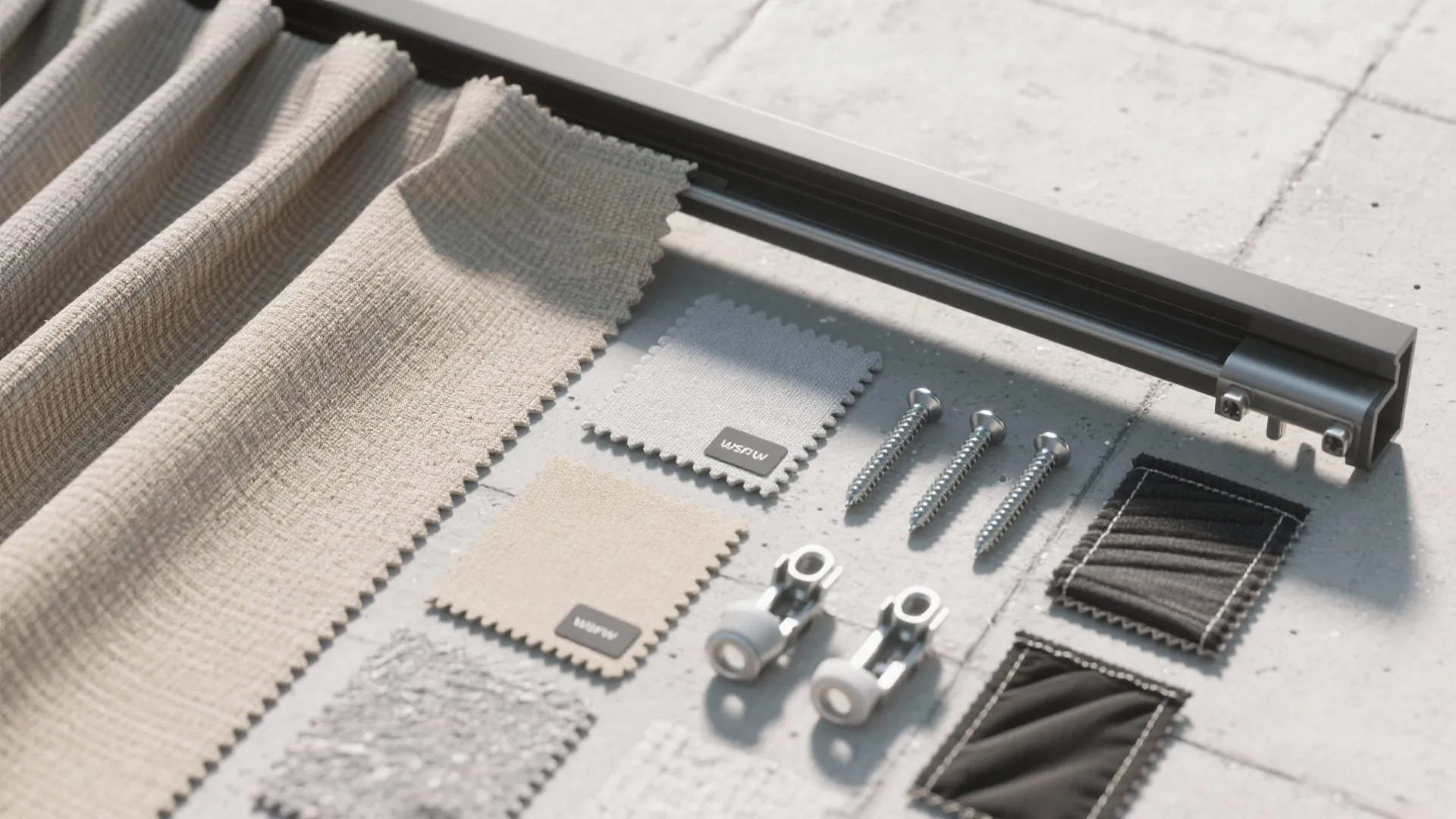 Flat lay of UV-stable fabric swatches, powder-coated track, stainless screws, and marine-grade hardware on concrete.