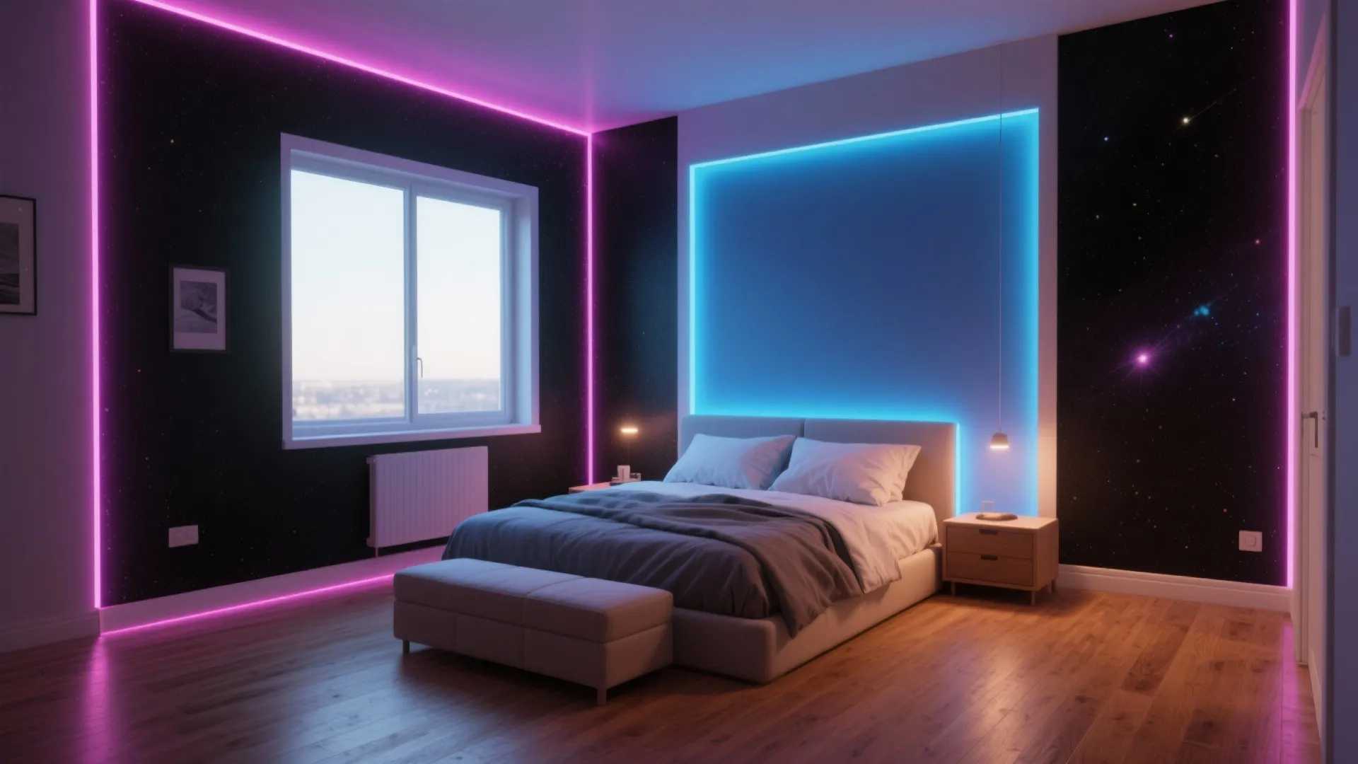 Modern bedroom with galaxy wallpaper pink and blue neon lights grey bed and wooden floor